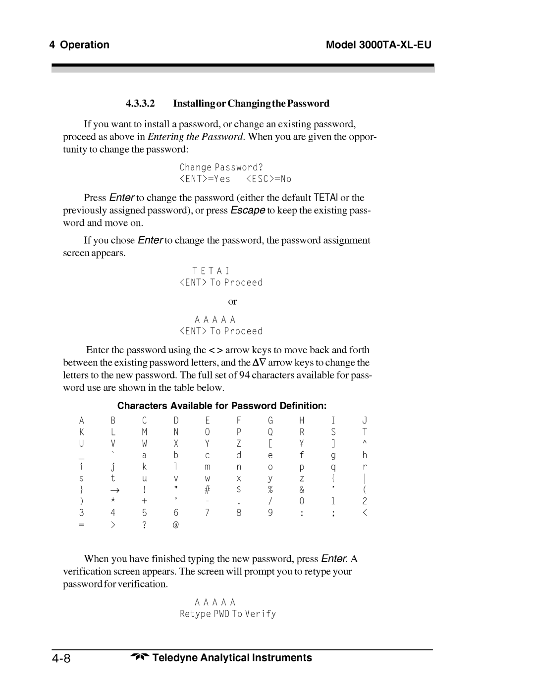 Teledyne Trace Oxygen Analyzer, 3000TA-XL-EU operating instructions Installing or Changing the Password 