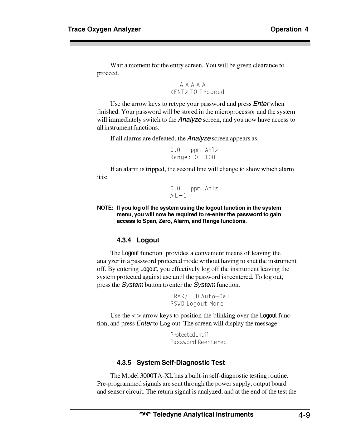 Teledyne 3000TA-XL-EU, Trace Oxygen Analyzer operating instructions Logout, System Self-Diagnostic Test 