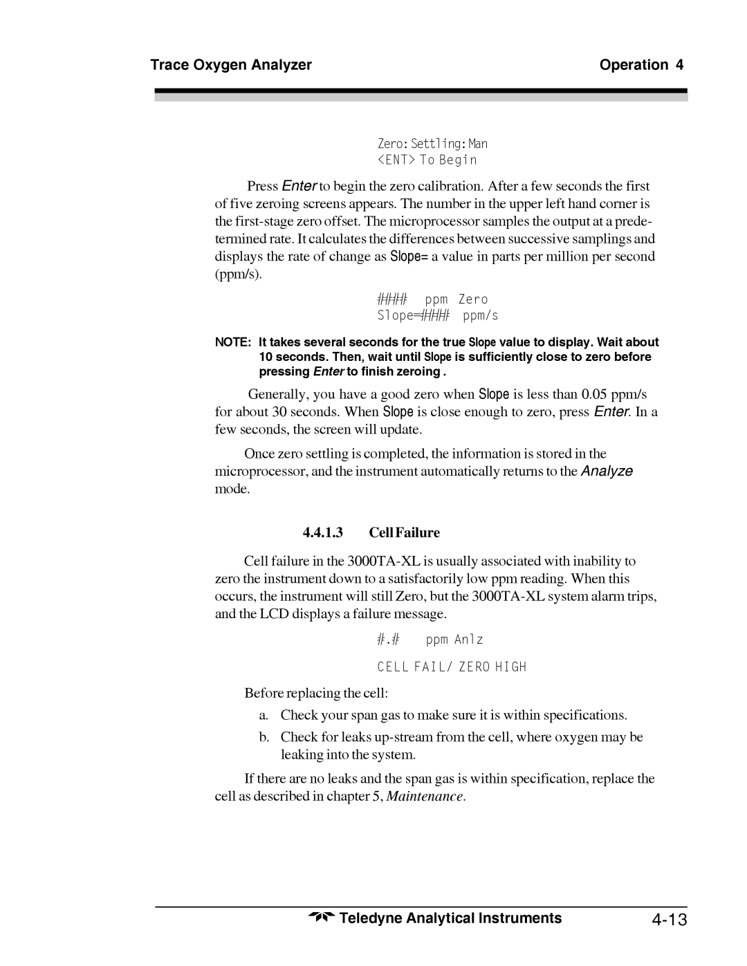 Teledyne 3000TA-XL-EU, Trace Oxygen Analyzer operating instructions Cell Failure 