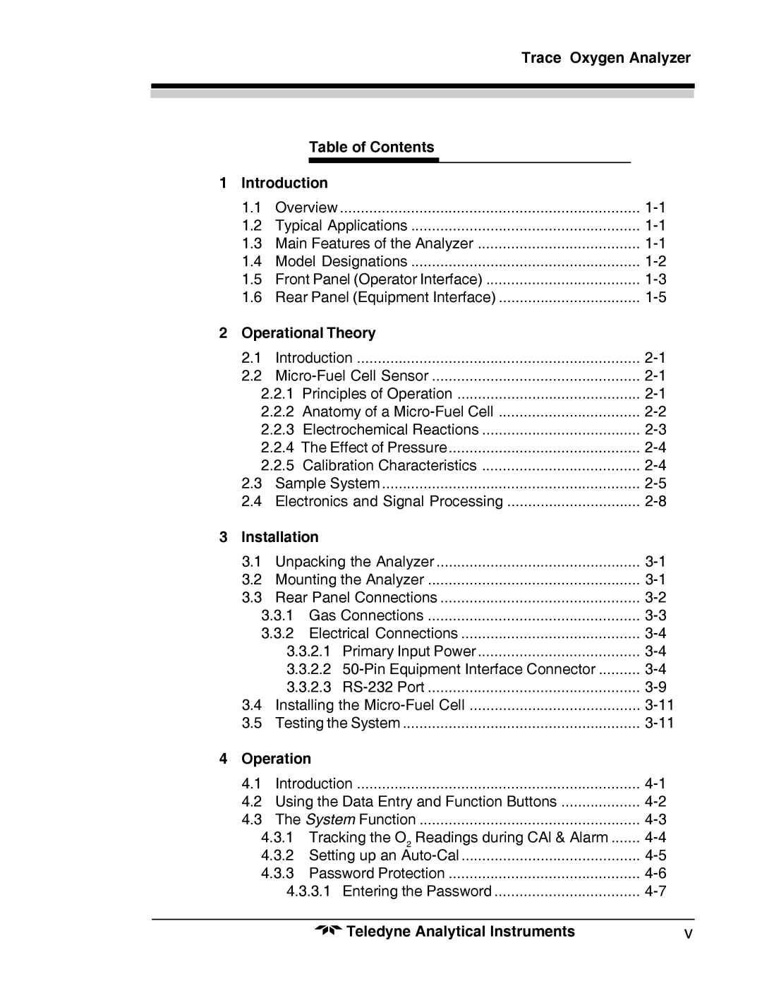 Teledyne 3000TA-XL-EU Trace Oxygen Analyzer Table of Contents Introduction, Operational Theory, Installation 