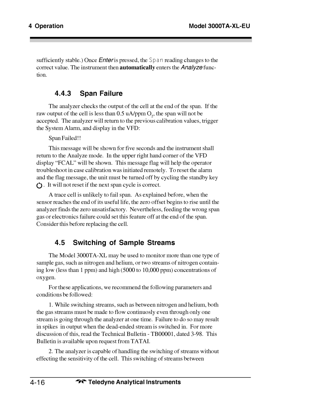 Teledyne Trace Oxygen Analyzer, 3000TA-XL-EU operating instructions Span Failure, Switching of Sample Streams 