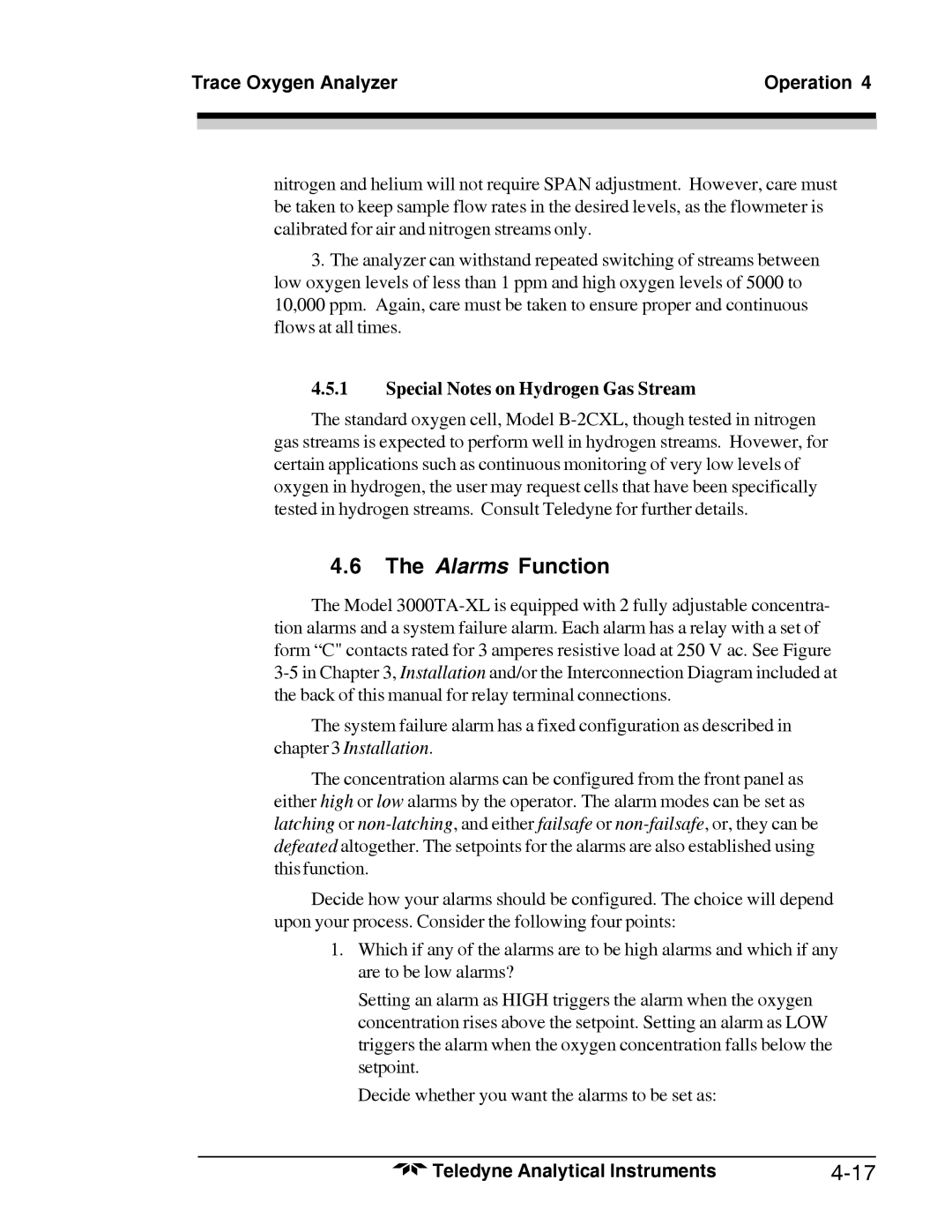 Teledyne 3000TA-XL-EU, Trace Oxygen Analyzer operating instructions Alarms Function, Special Notes on Hydrogen Gas Stream 