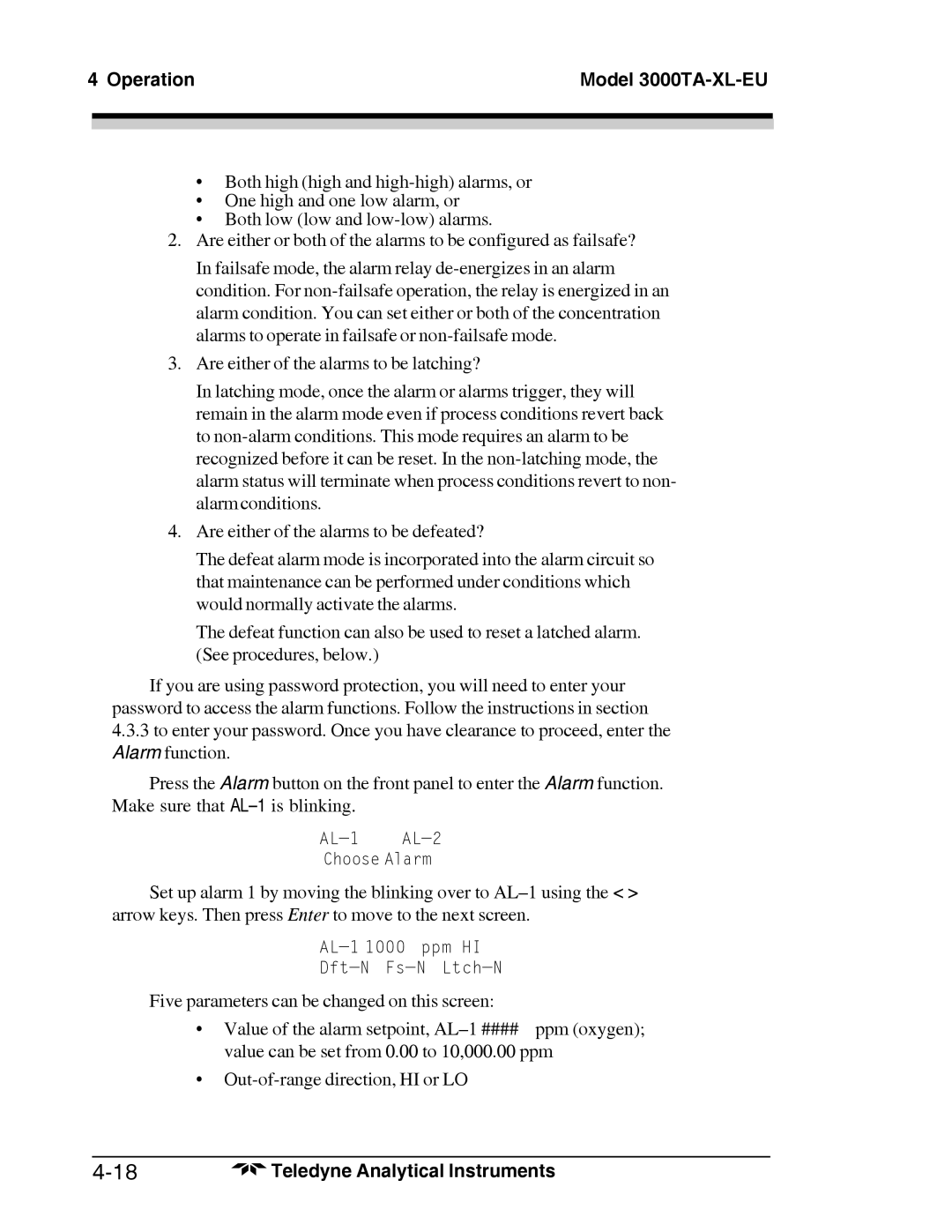 Teledyne Trace Oxygen Analyzer, 3000TA-XL-EU operating instructions AL-1 AL-2 Choose Alarm 