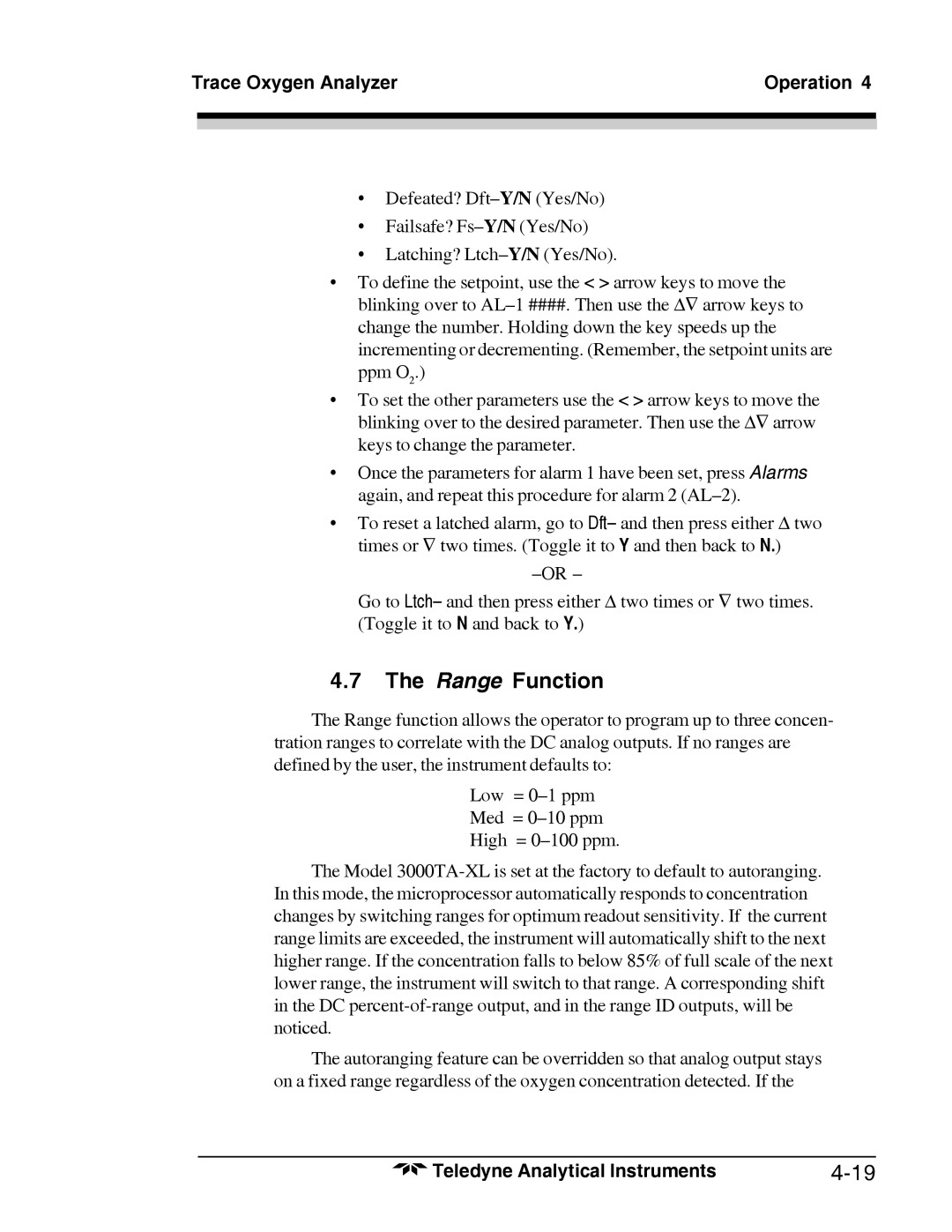 Teledyne 3000TA-XL-EU, Trace Oxygen Analyzer operating instructions Range Function 