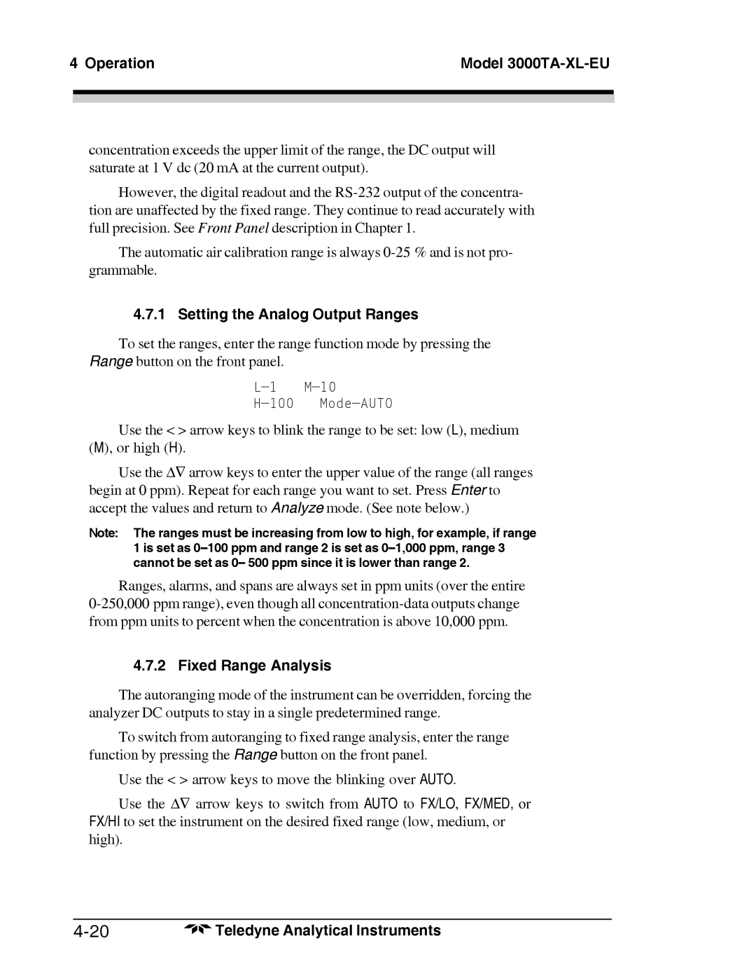 Teledyne Trace Oxygen Analyzer, 3000TA-XL-EU operating instructions Setting the Analog Output Ranges, Fixed Range Analysis 