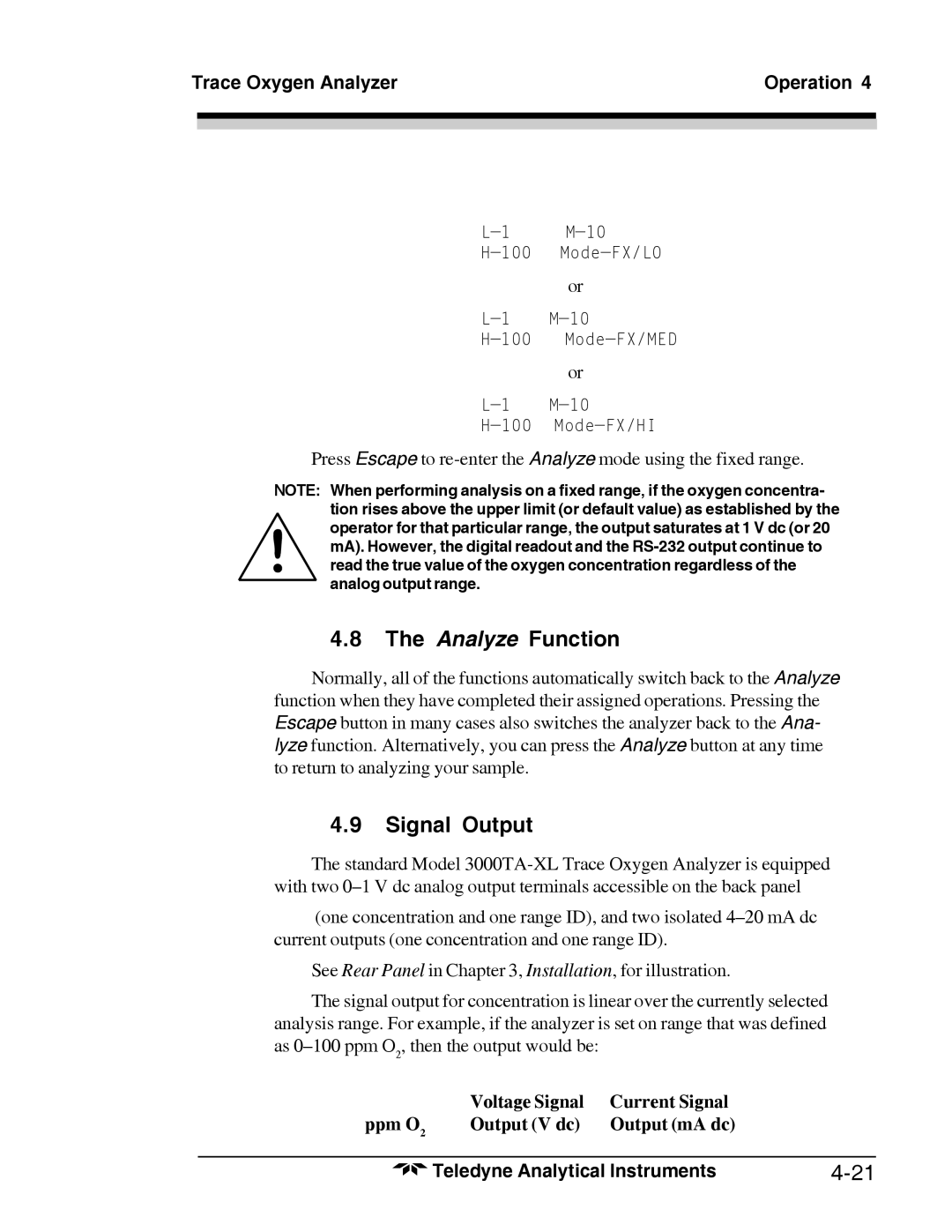 Teledyne 3000TA-XL-EU, Trace Oxygen Analyzer operating instructions Analyze Function, Signal Output 