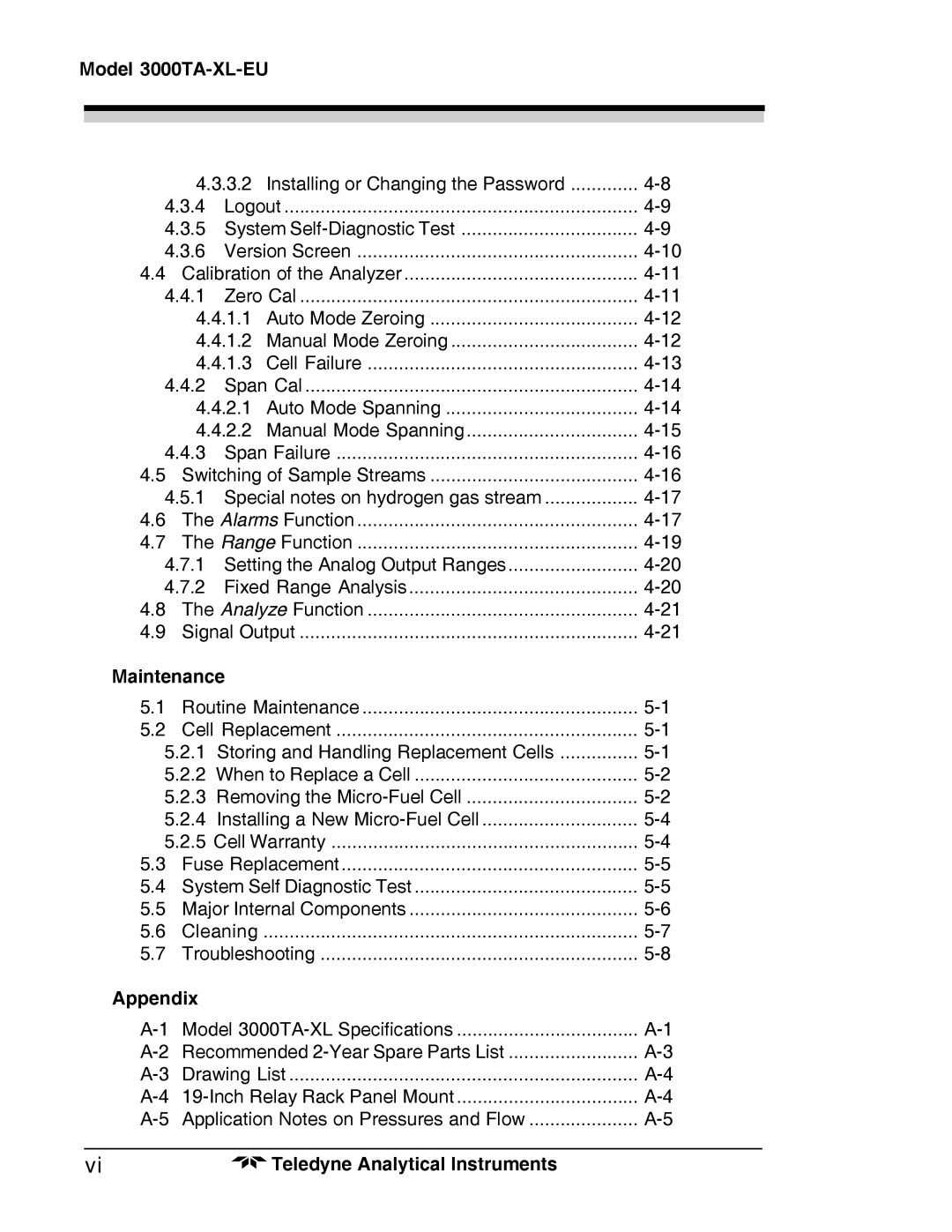 Teledyne Trace Oxygen Analyzer, 3000TA-XL-EU operating instructions Maintenance, Appendix 