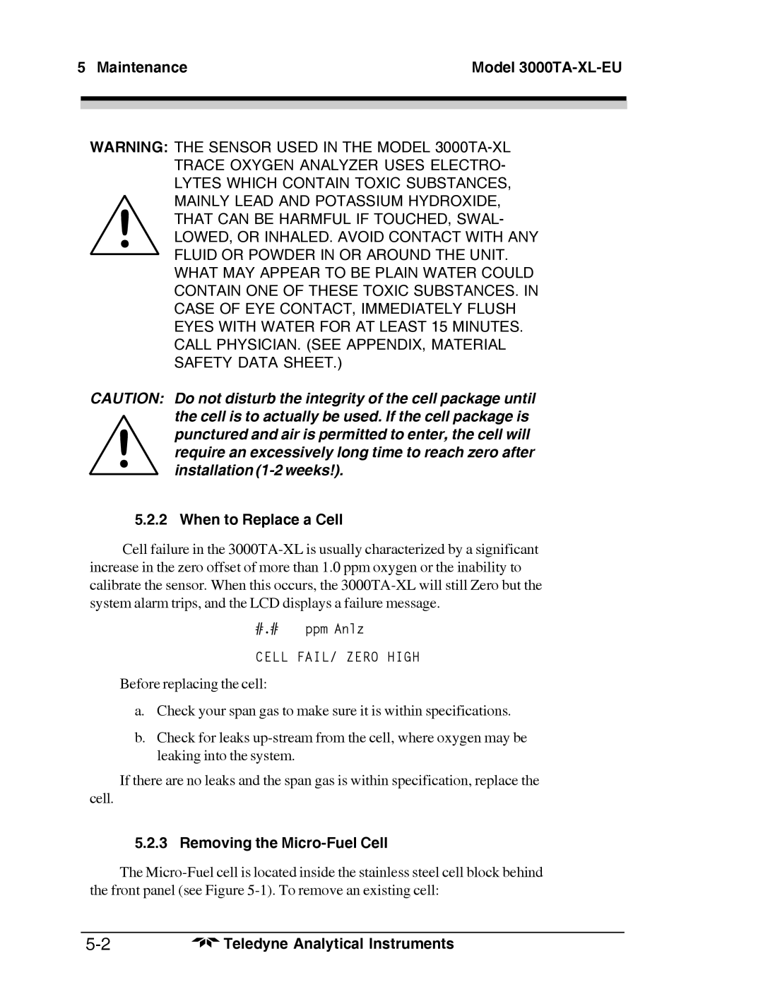 Teledyne Trace Oxygen Analyzer Maintenance Model 3000TA-XL-EU When to Replace a Cell, Removing the Micro-Fuel Cell 