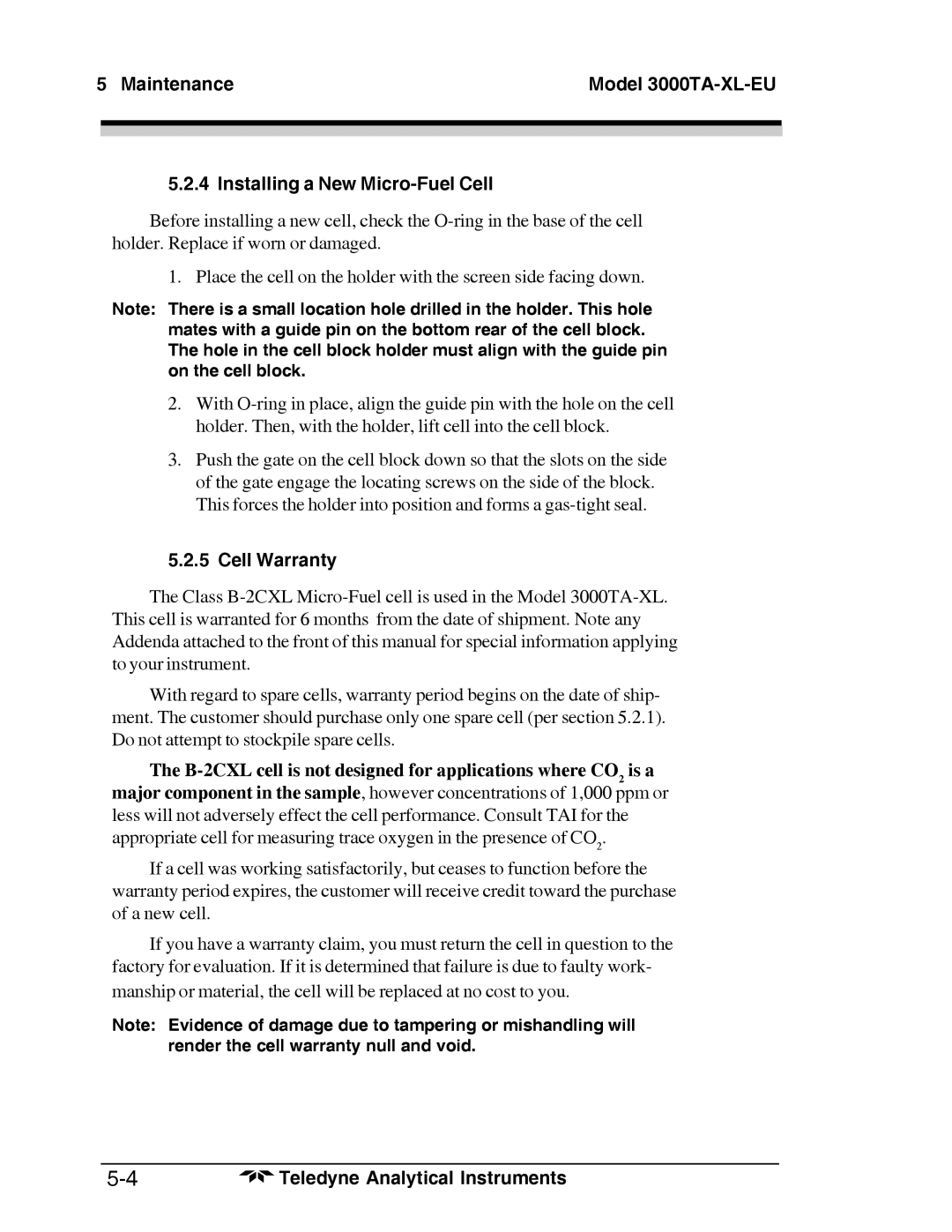 Teledyne Trace Oxygen Analyzer, 3000TA-XL-EU operating instructions Cell Warranty 