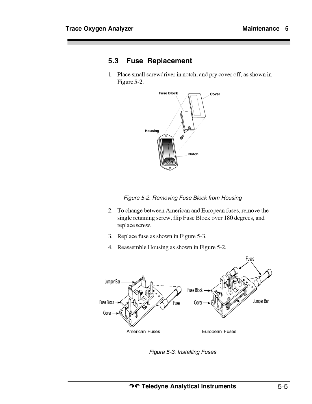 Teledyne 3000TA-XL-EU, Trace Oxygen Analyzer operating instructions Fuse Replacement, Removing Fuse Block from Housing 