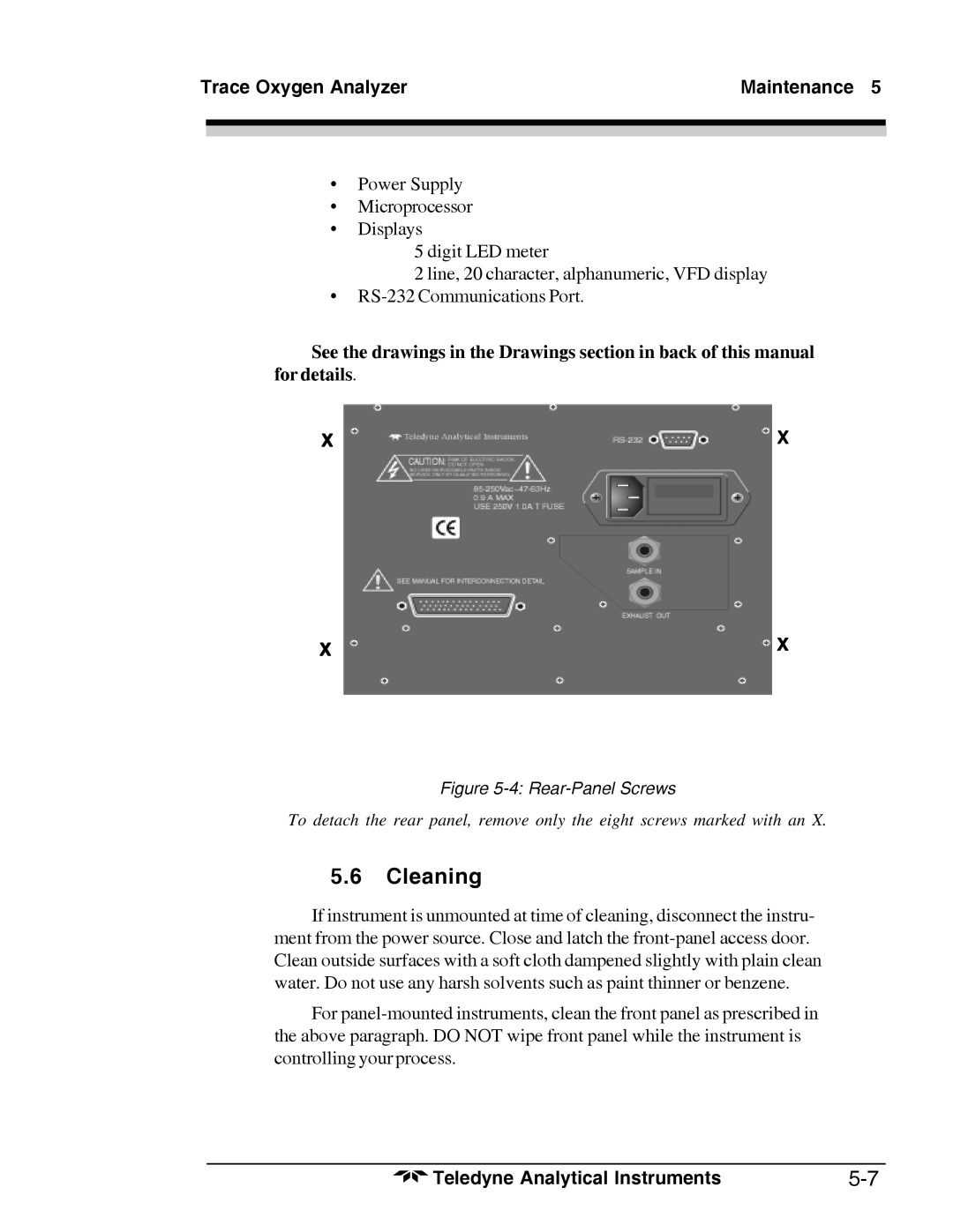 Teledyne 3000TA-XL-EU, Trace Oxygen Analyzer operating instructions Cleaning, Rear-Panel Screws 