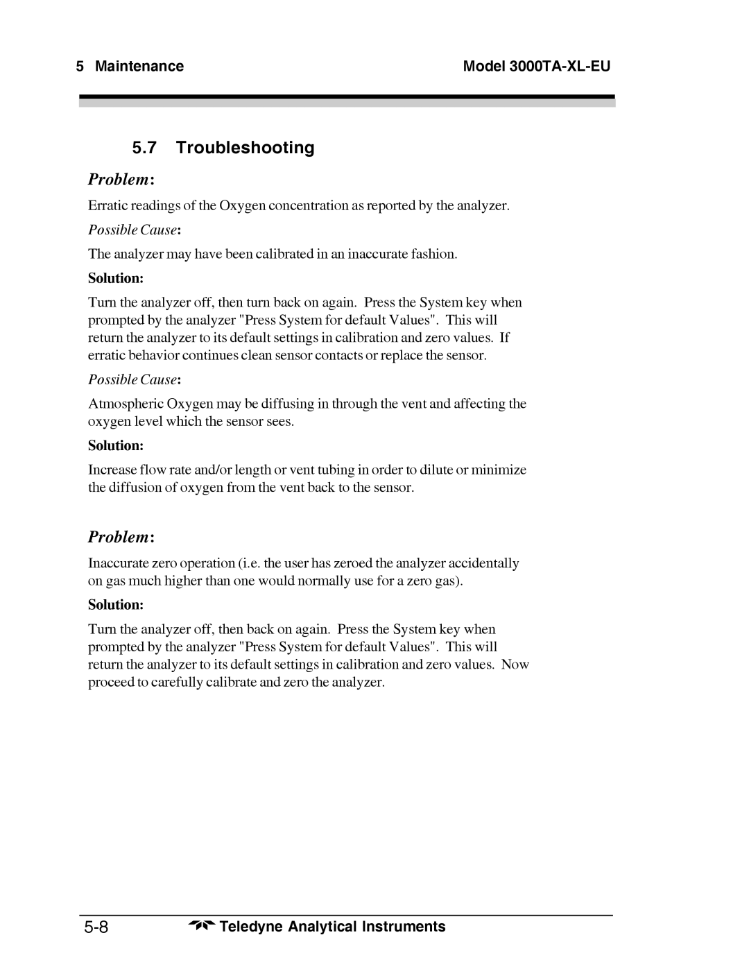 Teledyne Trace Oxygen Analyzer, 3000TA-XL-EU operating instructions Troubleshooting, Solution 