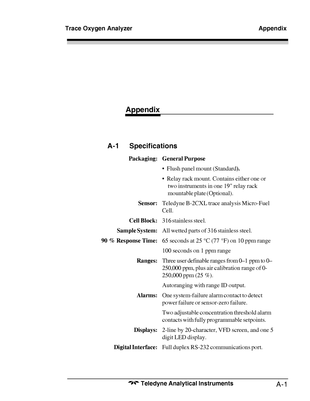 Teledyne 3000TA-XL-EU, Trace Oxygen Analyzer operating instructions Specifications 