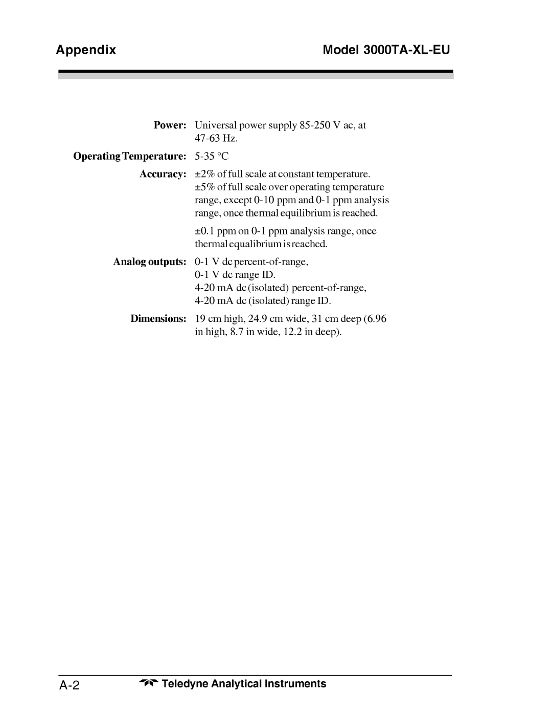 Teledyne Trace Oxygen Analyzer, 3000TA-XL-EU operating instructions Appendix, Operating Temperature 5-35 C 