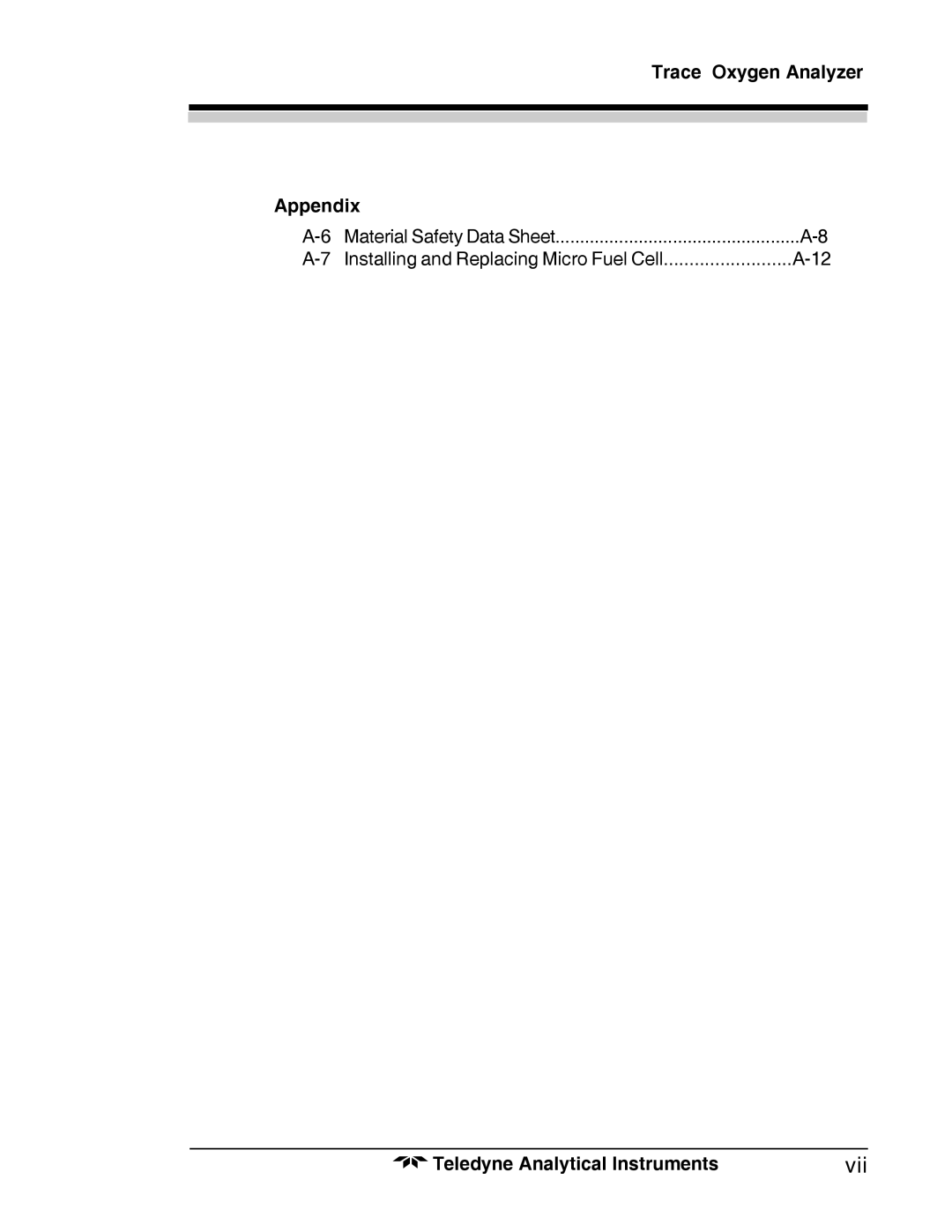 Teledyne 3000TA-XL-EU operating instructions Vii, Trace Oxygen Analyzer Appendix 