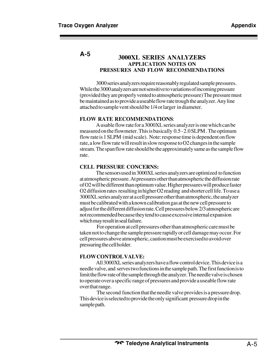 Teledyne 3000TA-XL-EU, Trace Oxygen Analyzer operating instructions 3000XL Series Analyzers 