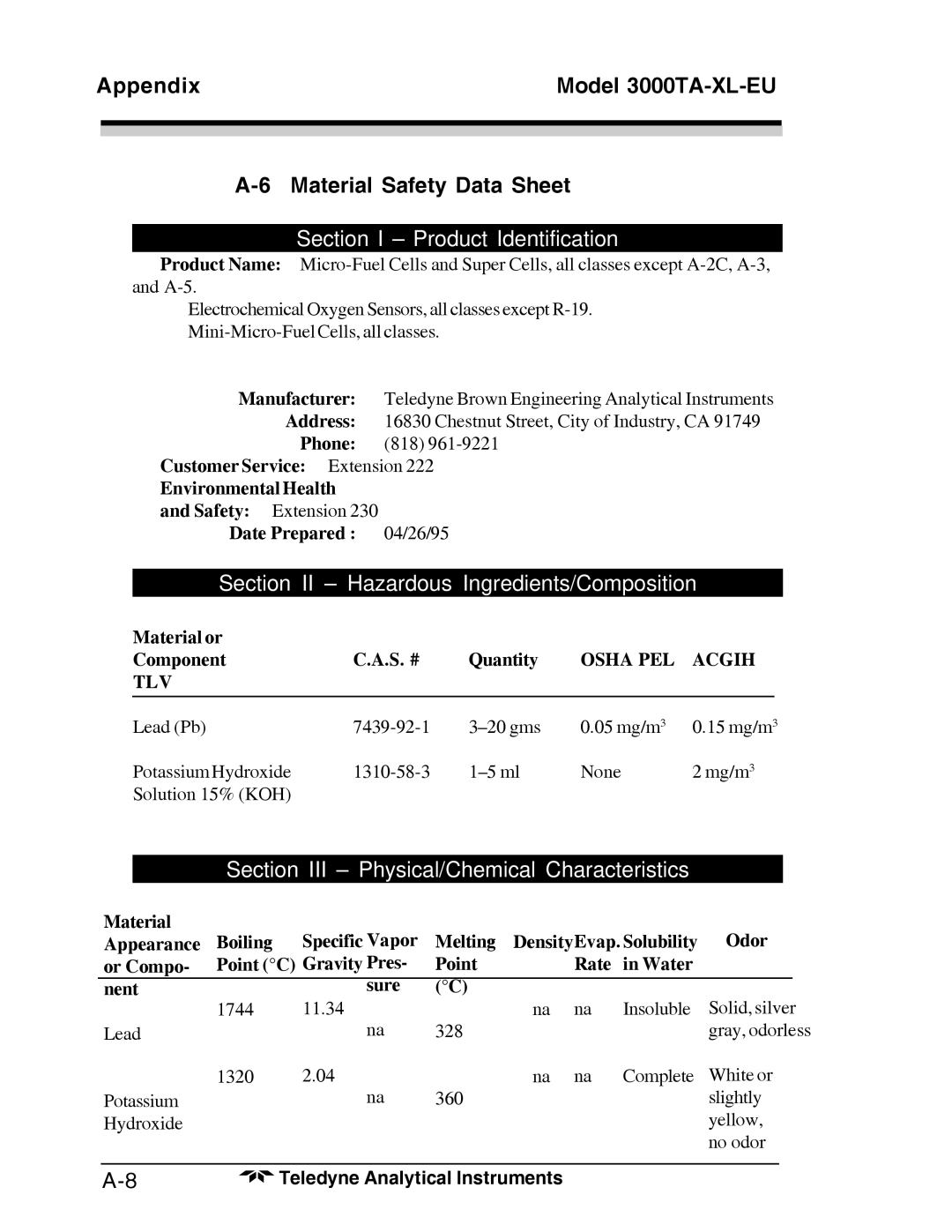 Teledyne Trace Oxygen Analyzer, 3000TA-XL-EU operating instructions Material Safety Data Sheet 