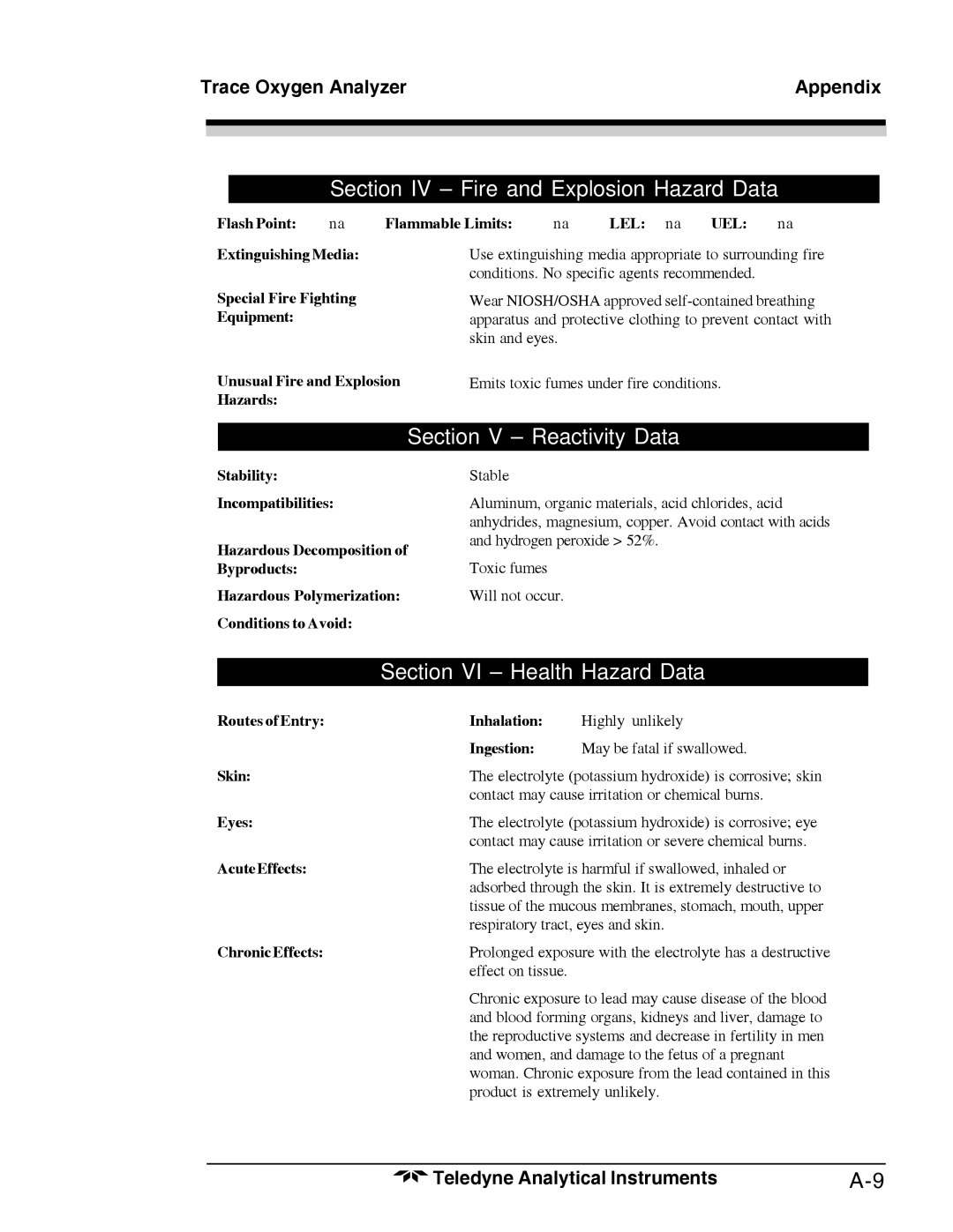 Teledyne 3000TA-XL-EU, Trace Oxygen Analyzer operating instructions Section IV Fire and Explosion Hazard Data 