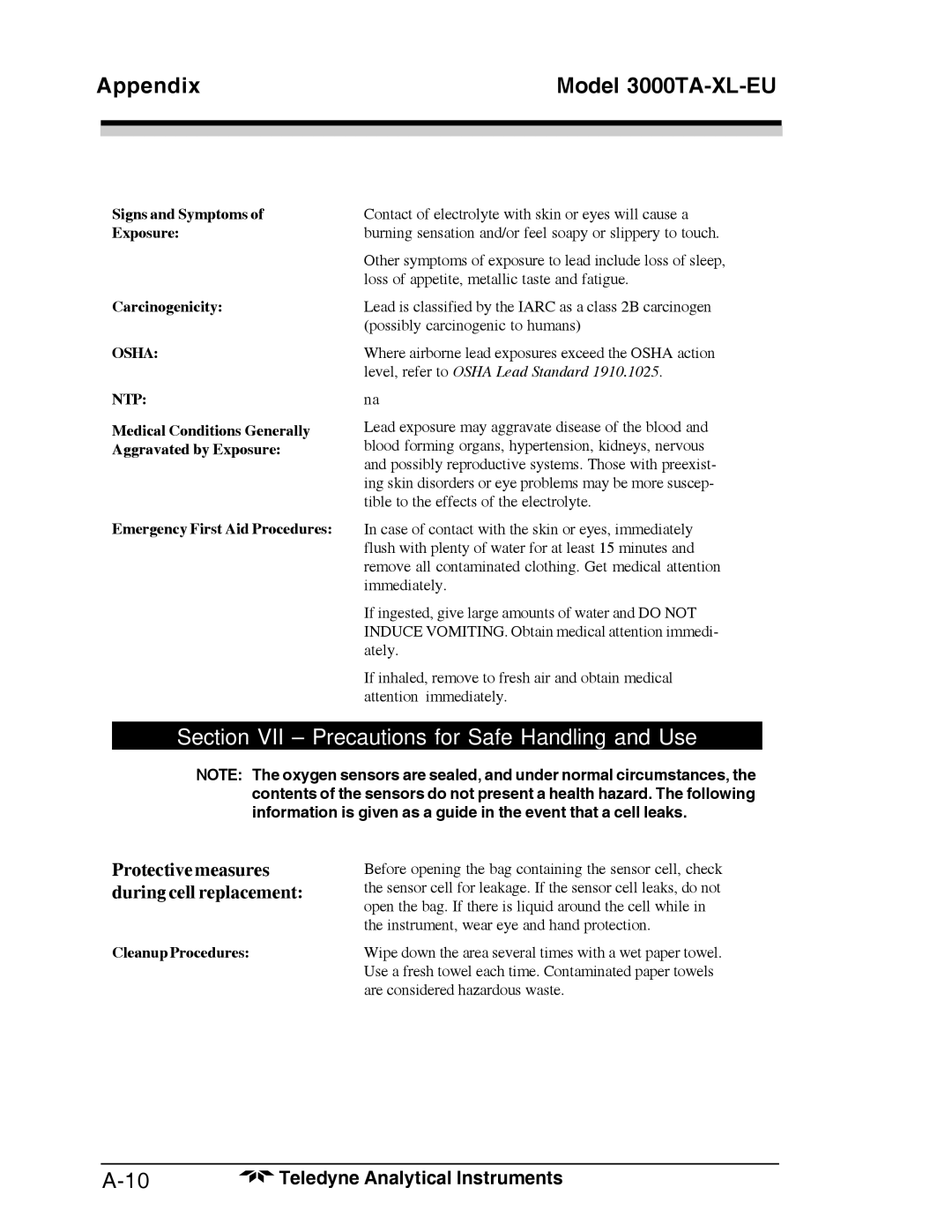 Teledyne Trace Oxygen Analyzer, 3000TA-XL-EU operating instructions Protective measures during cell replacement, Exposure 