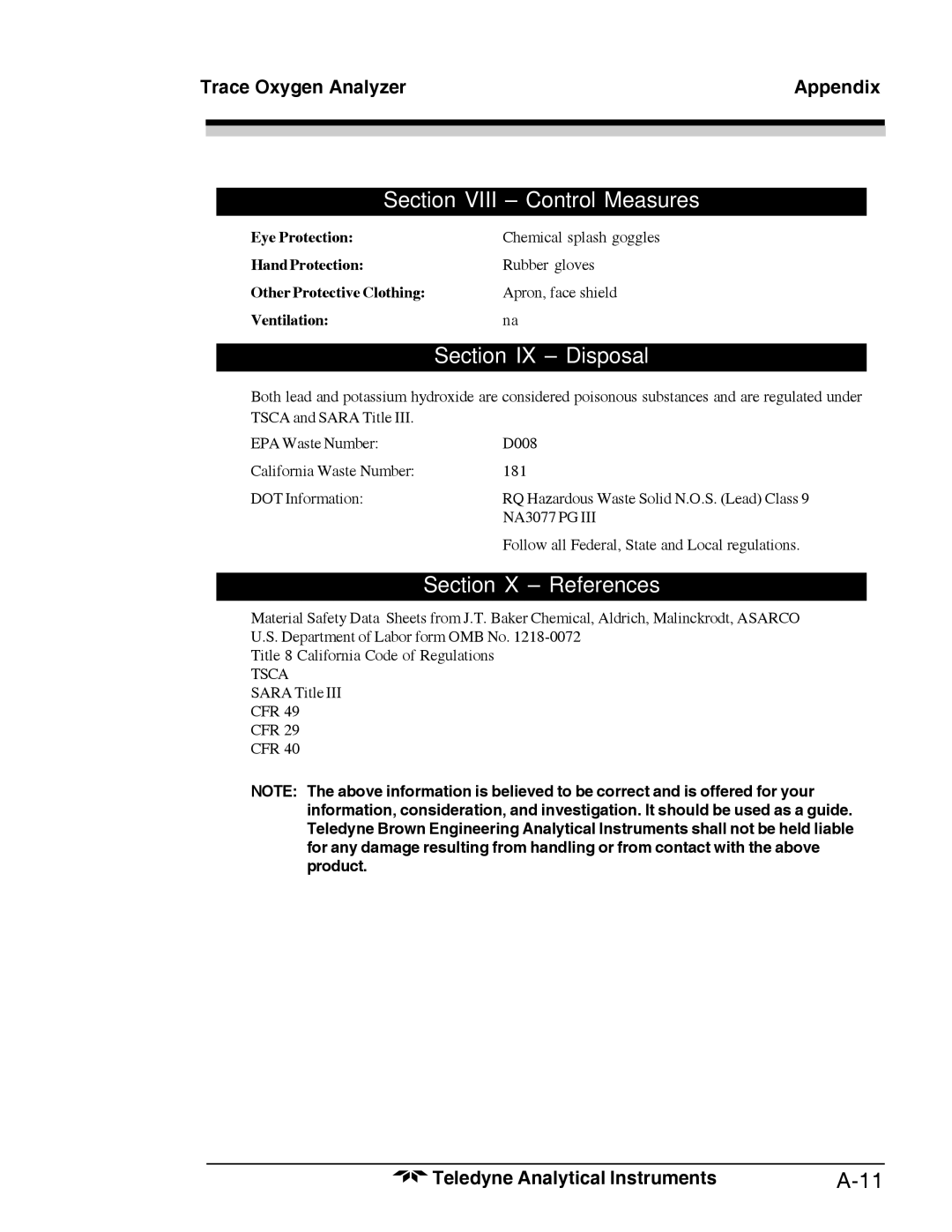 Teledyne 3000TA-XL-EU, Trace Oxygen Analyzer operating instructions Section Viii Control Measures 