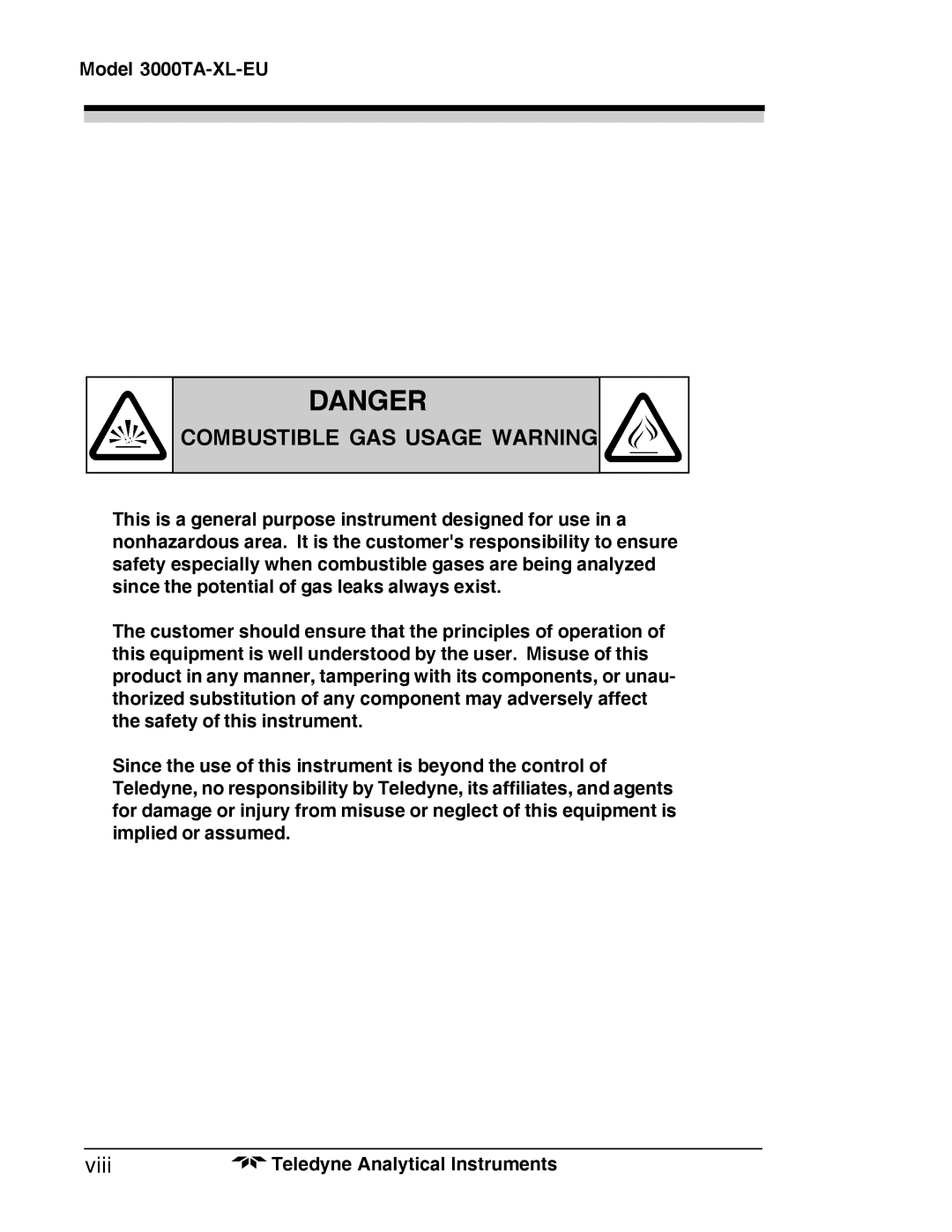 Teledyne Trace Oxygen Analyzer, 3000TA-XL-EU operating instructions Combustible GAS Usage Warning, Viii 