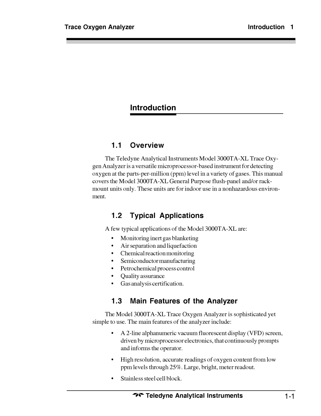 Teledyne 3000TA-XL-EU Overview, Typical Applications, Main Features of the Analyzer, Trace Oxygen Analyzer Introduction 