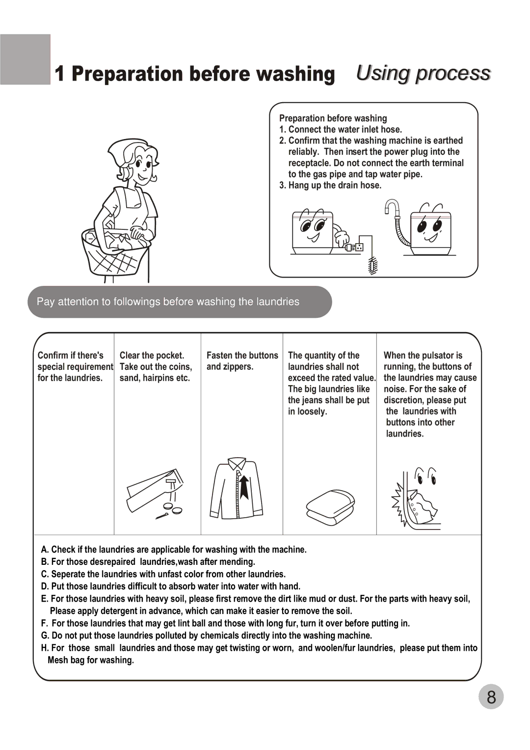 Telefunken TTL-700 manual Preparation before washing Using process 