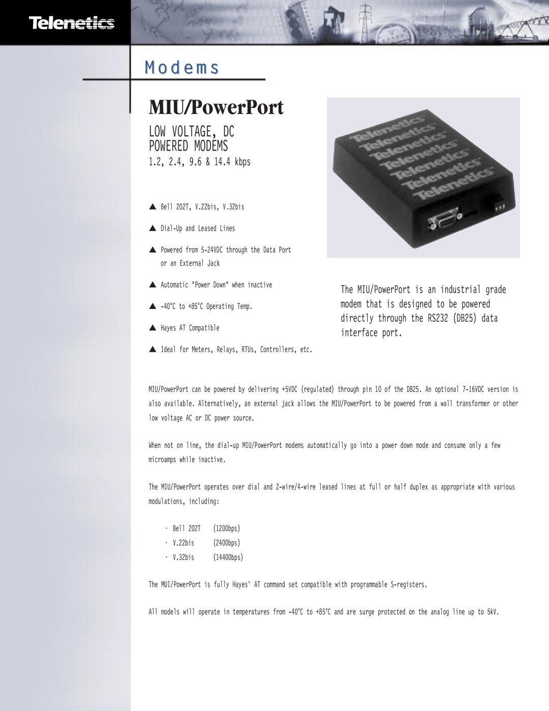 Telenetics manual MIU/PowerPort, Low Voltage, Dc Powered Modems, 1.2, 2.4, 9.6 & 14.4 kbps 