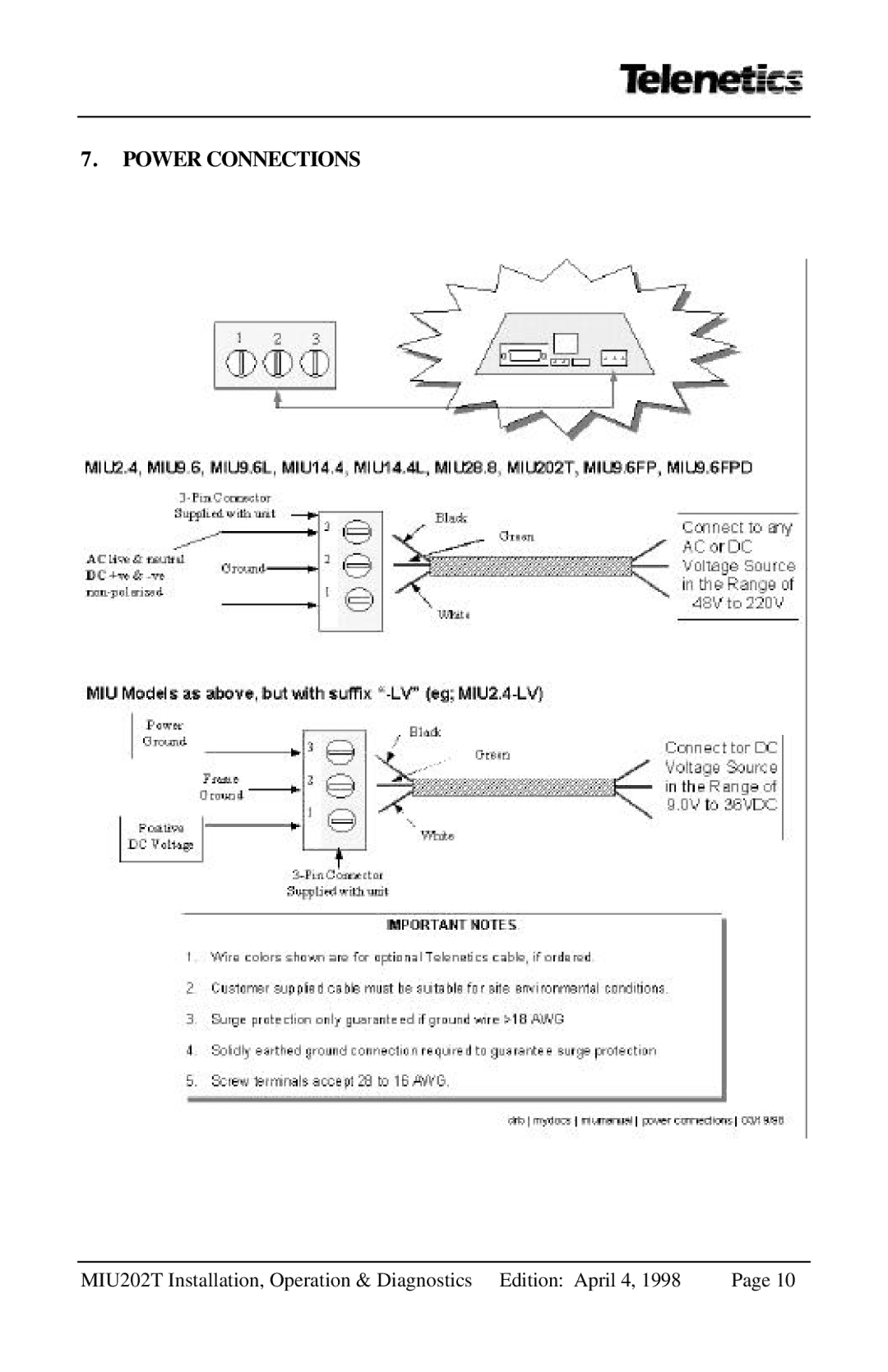 Telenetics 202T, MIU202T manual Power Connections 