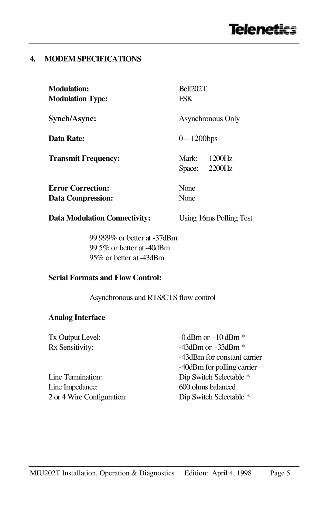 Telenetics 202T, MIU202T manual Modem Specifications 