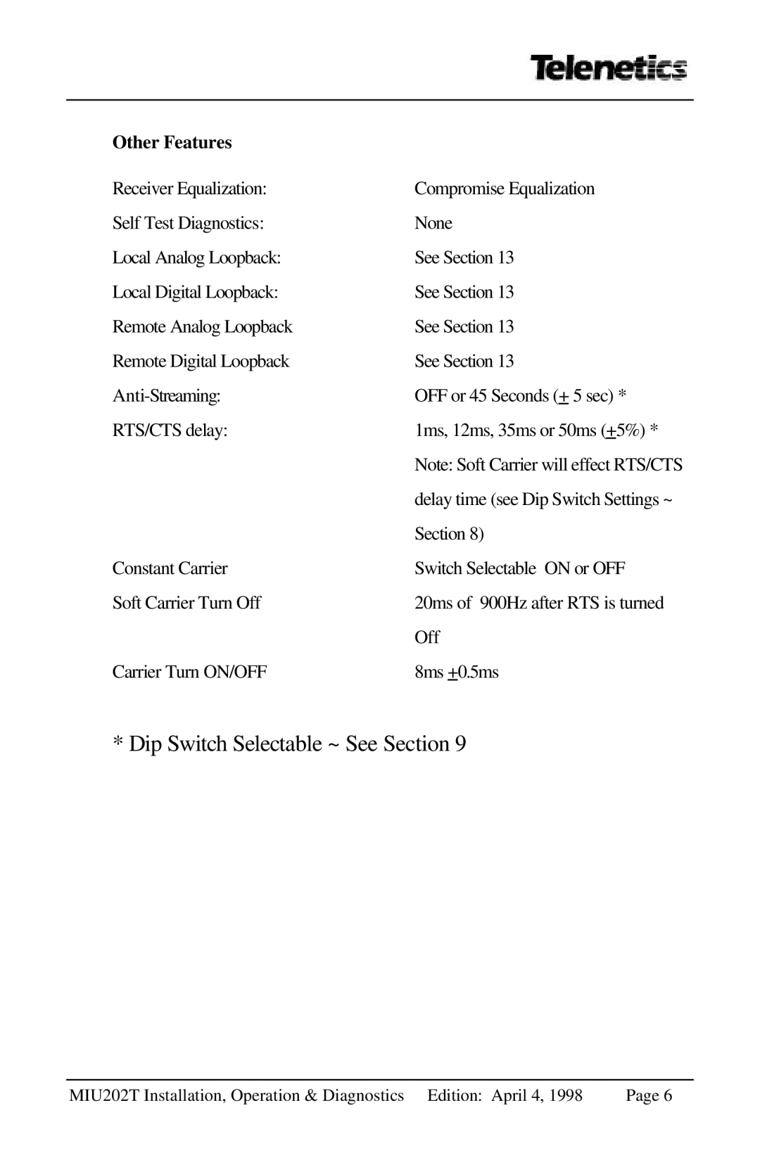 Telenetics 202T, MIU202T manual Dip Switch Selectable ~ See Section, Other Features 