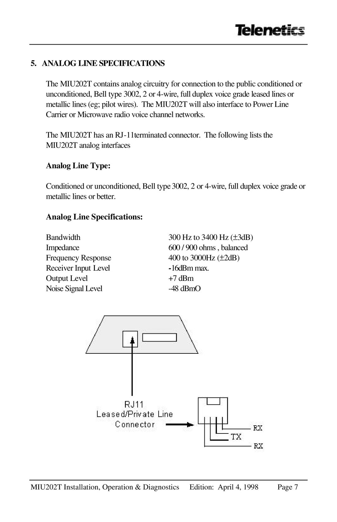 Telenetics 202T, MIU202T manual Analog Line Specifications, Analog Line Type 