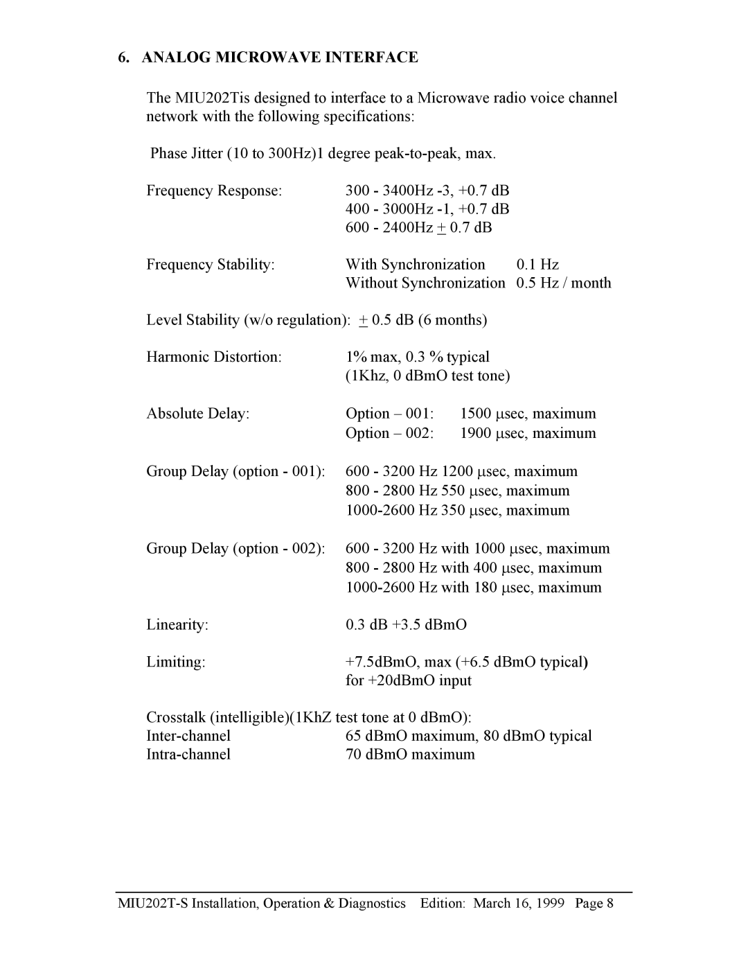 Telenetics MIU202T-S manual 3400Hz -3, +0.7 dB 