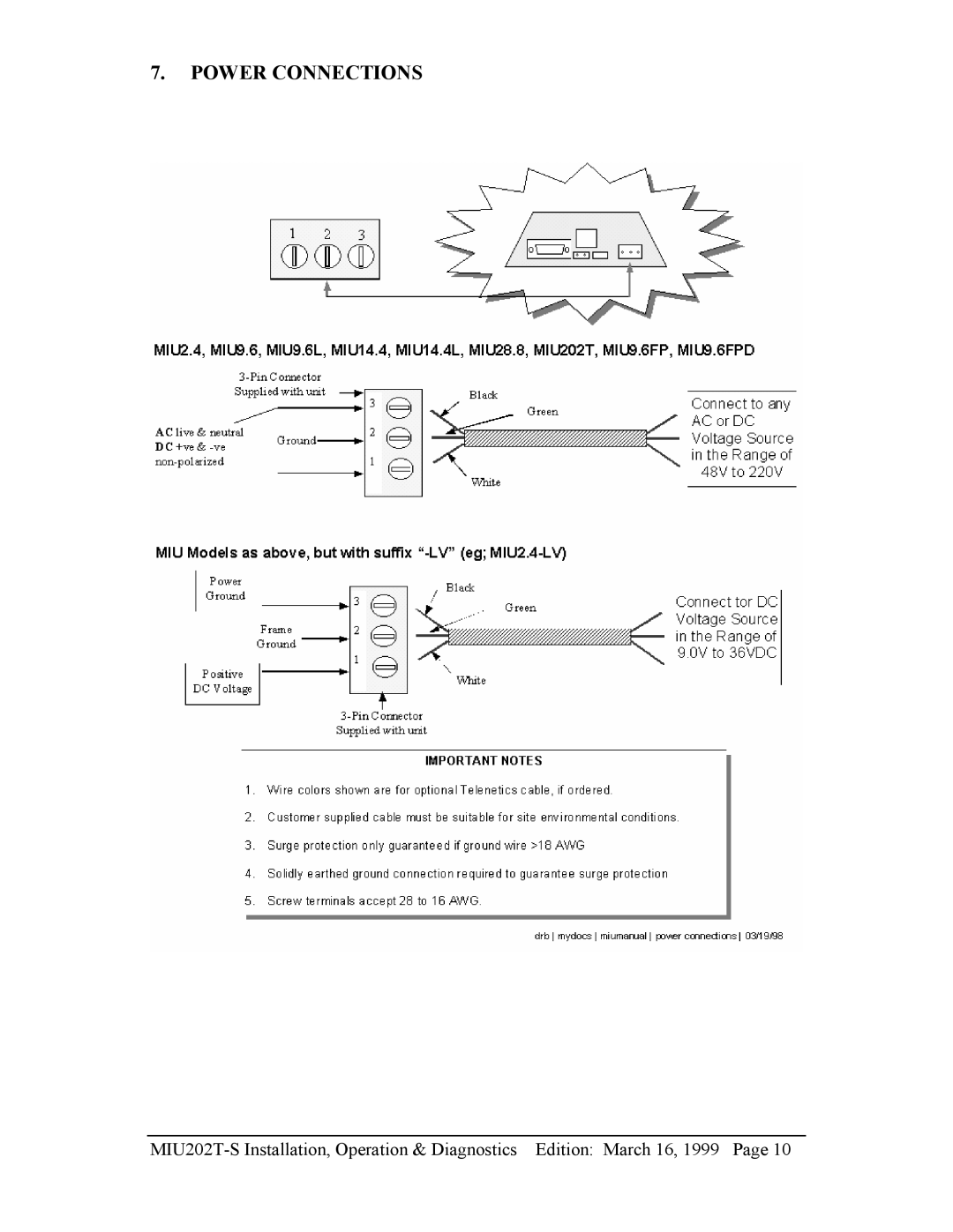 Telenetics MIU202T-S manual Power Connections 