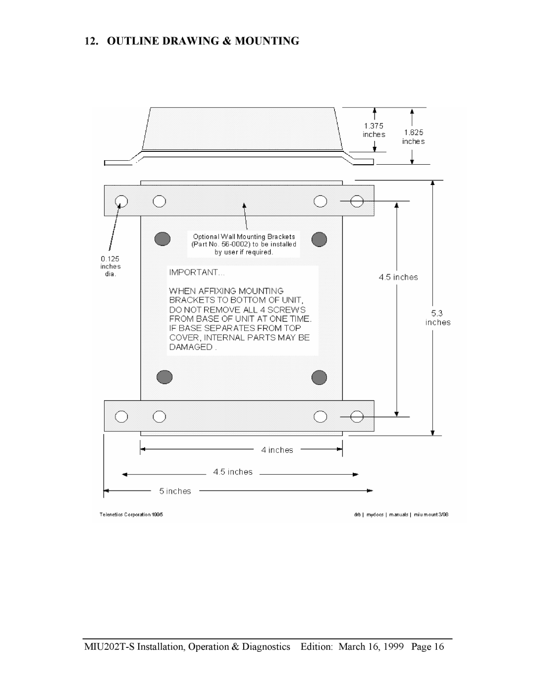 Telenetics MIU202T-S manual Outline Drawing & Mounting 