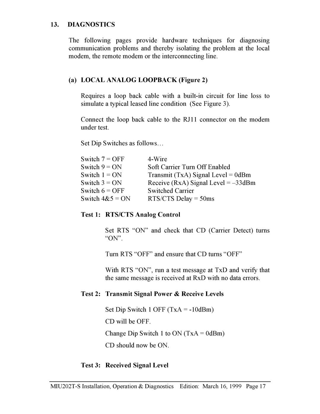 Telenetics MIU202T-S manual Local Analog Loopback Figure, Test 1 RTS/CTS Analog Control, Test 3 Received Signal Level 