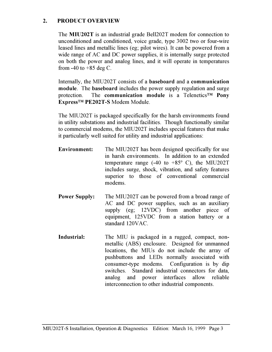 Telenetics MIU202T-S manual Product Overview 