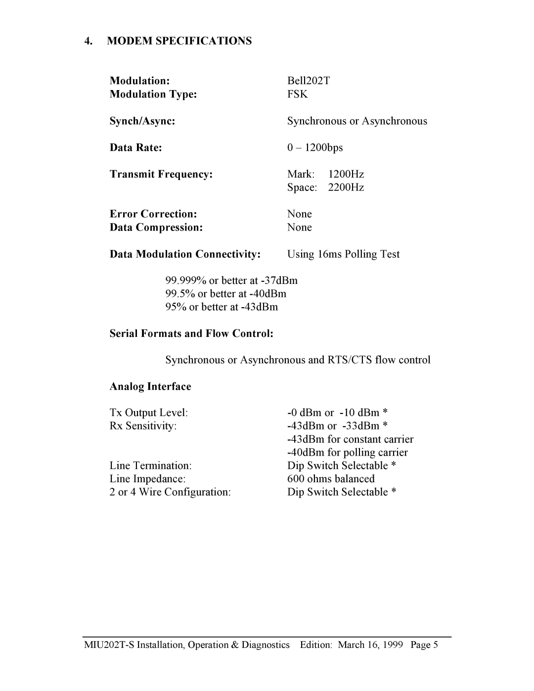 Telenetics MIU202T-S Modulation Type, Synch/Async, Data Rate, Transmit Frequency, Error Correction, Data Compression 