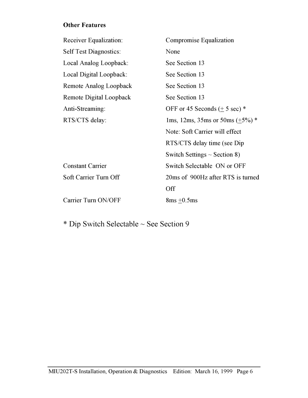 Telenetics MIU202T-S manual Dip Switch Selectable ~ See Section, Other Features 