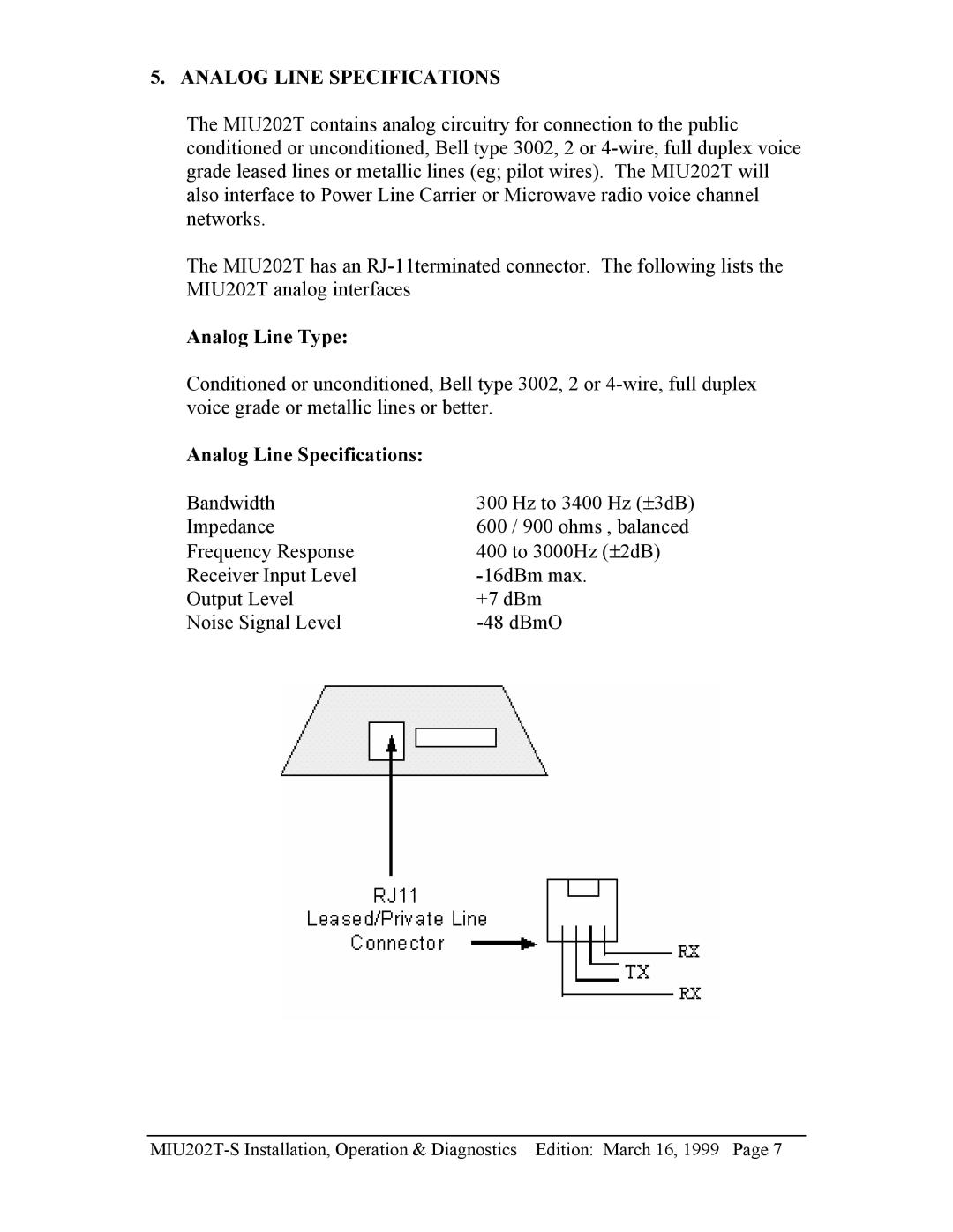 Telenetics MIU202T-S manual Analog Line Type, Analog Line Specifications 