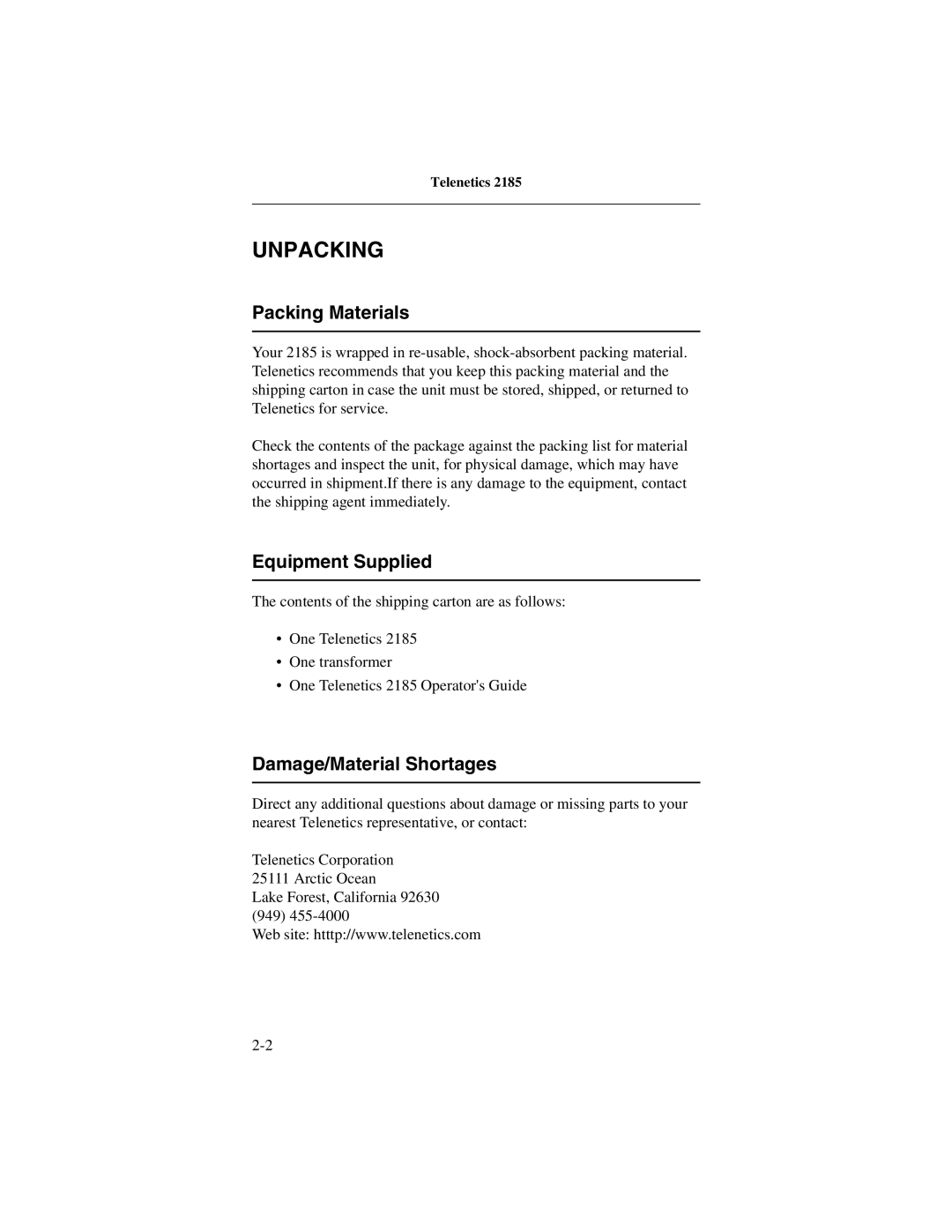 Telenetics 2185 manual Unpacking, Packing Materials, Equipment Supplied, Damage/Material Shortages 