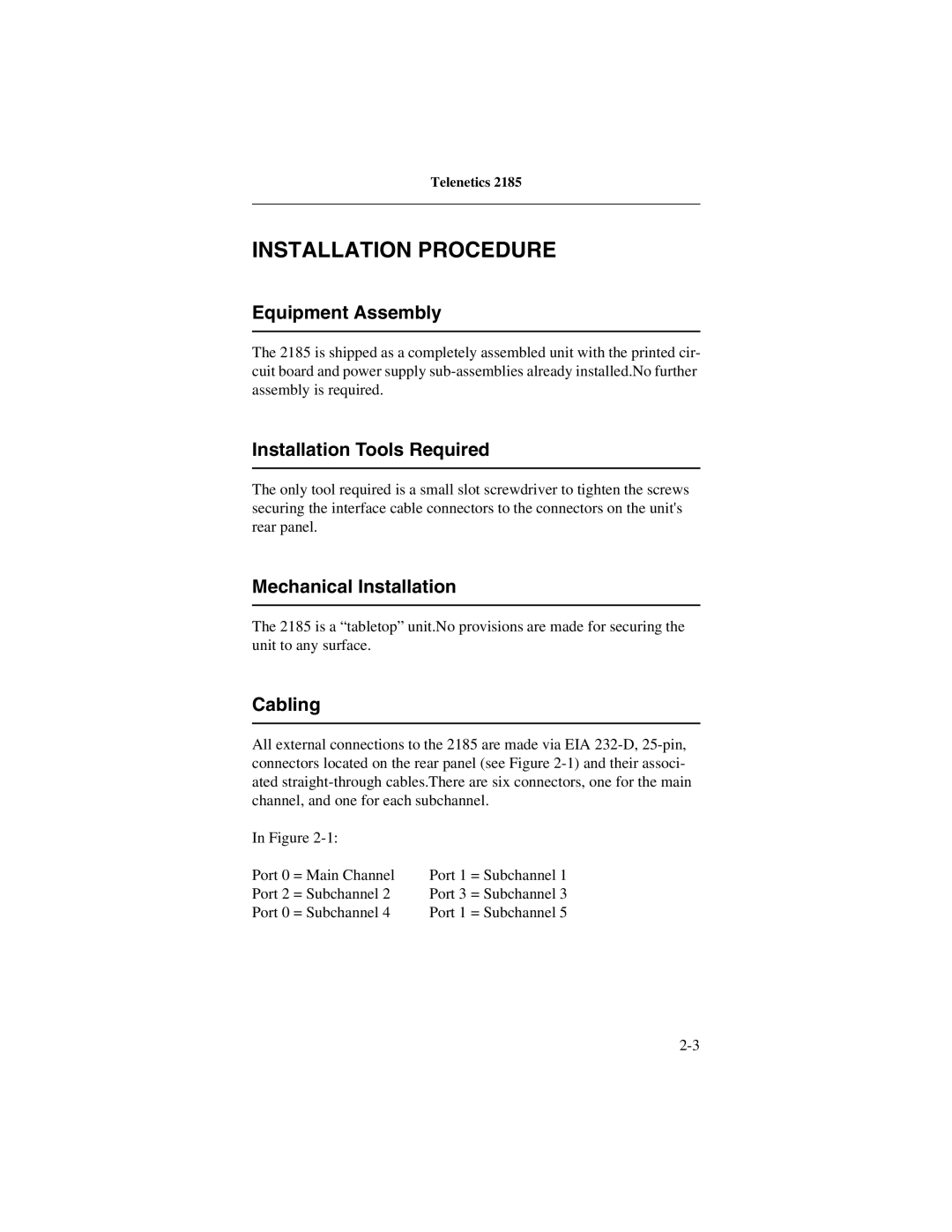 Telenetics 2185 Installation Procedure, Equipment Assembly, Installation Tools Required, Mechanical Installation, Cabling 