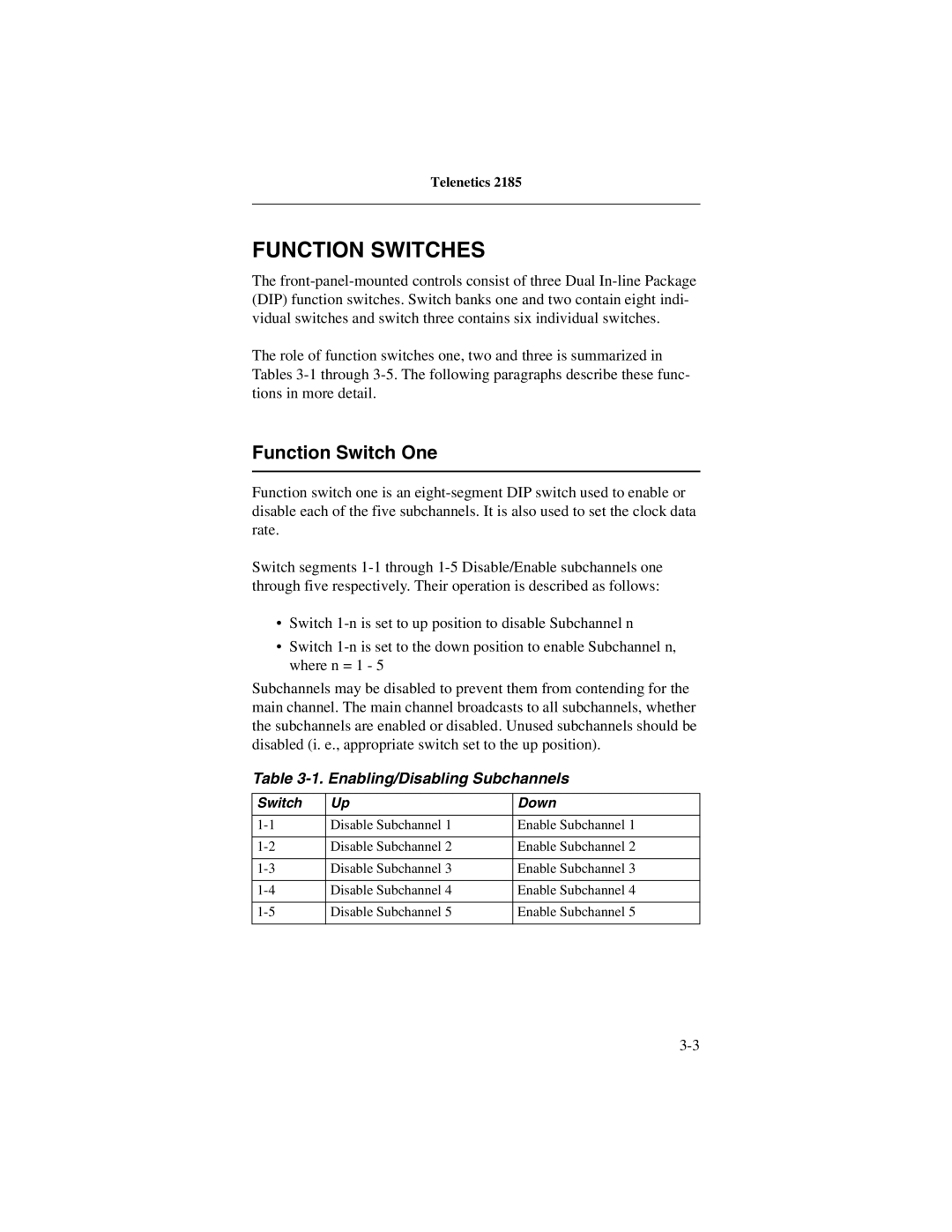 Telenetics 2185 manual Function Switches, Function Switch One, Enabling/Disabling Subchannels 