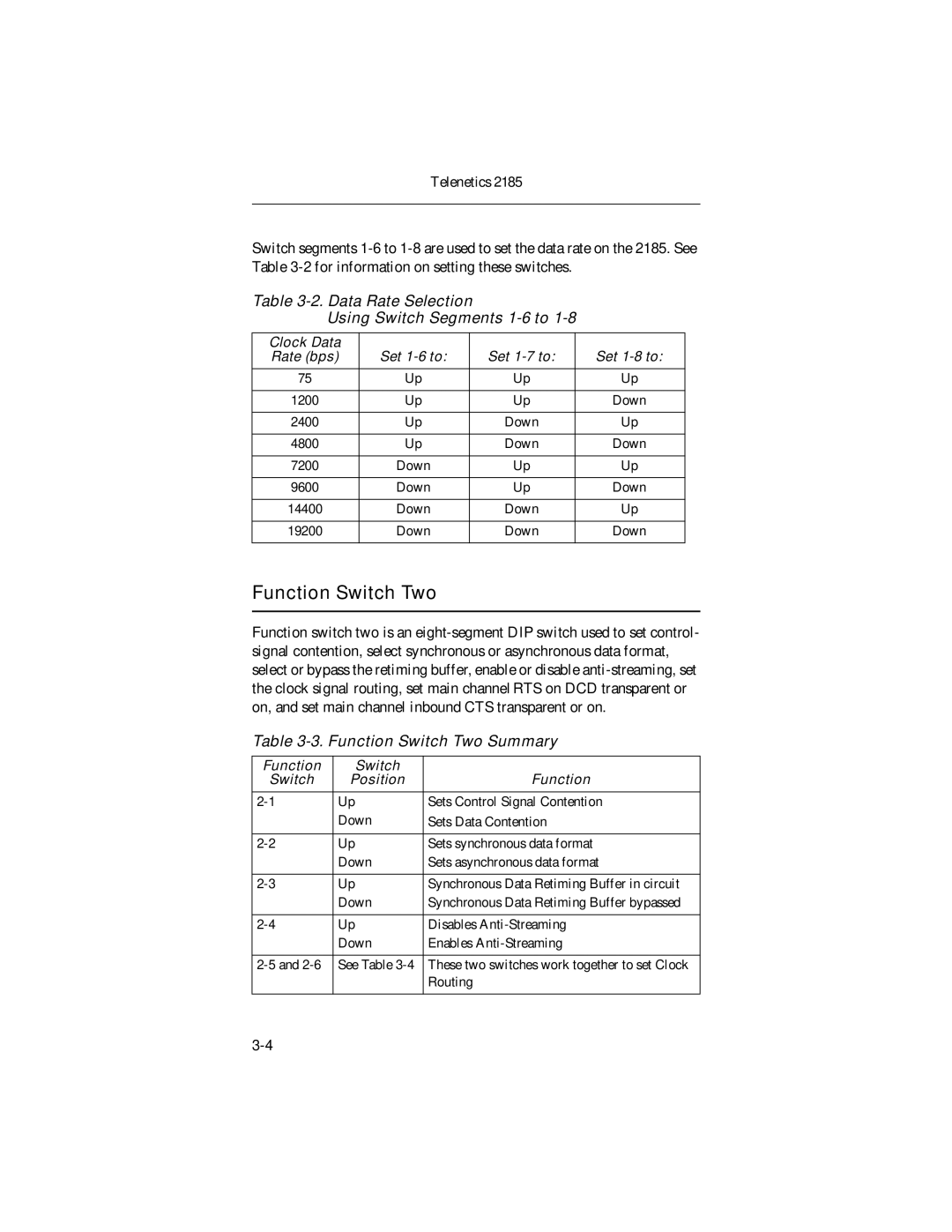 Telenetics 2185 manual Data Rate Selection Using Switch Segments 1-6 to, Function Switch Two Summary 