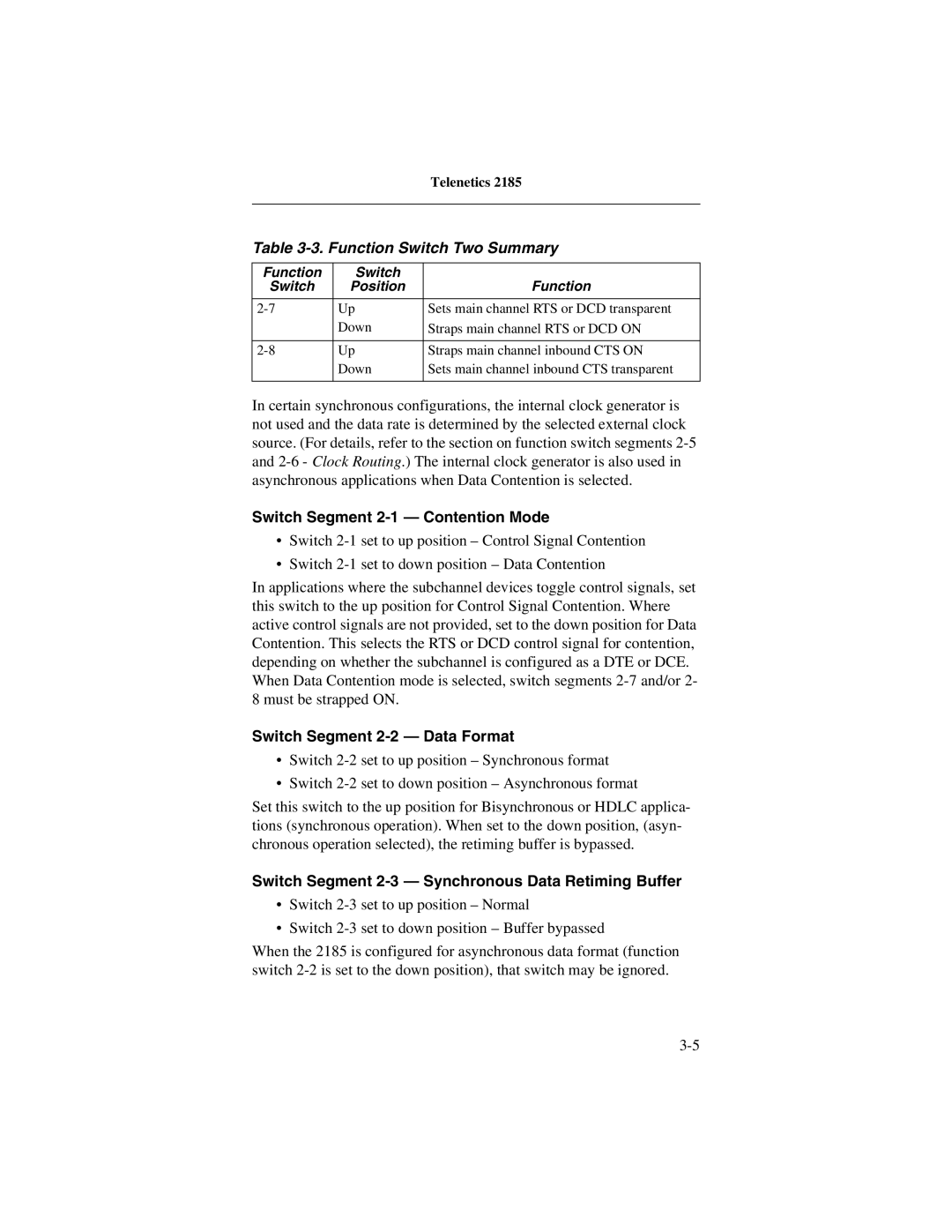 Telenetics 2185 manual Switch Segment 2-1 Contention Mode 