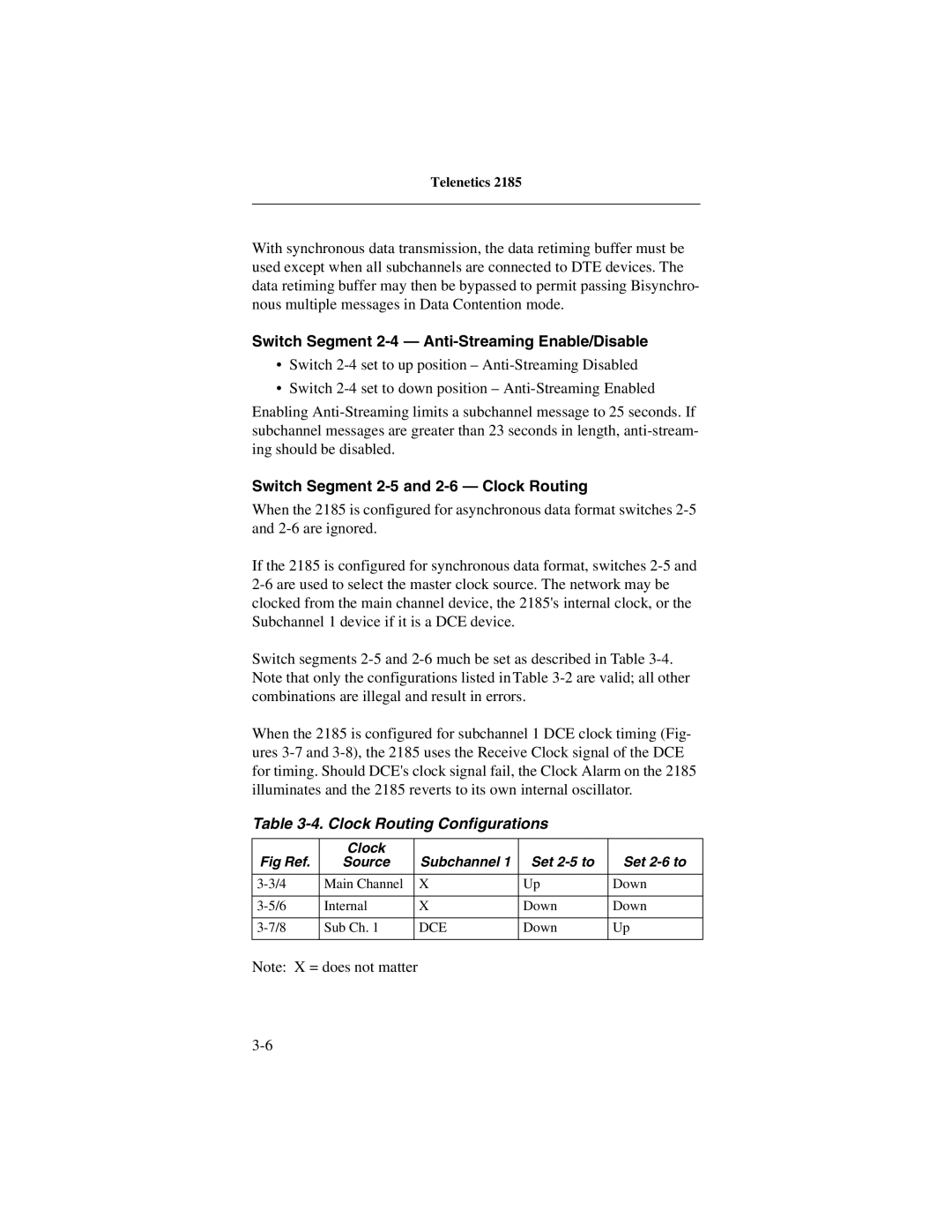 Telenetics 2185 manual Switch Segment 2-4 Anti-Streaming Enable/Disable, Clock Routing Configurations 