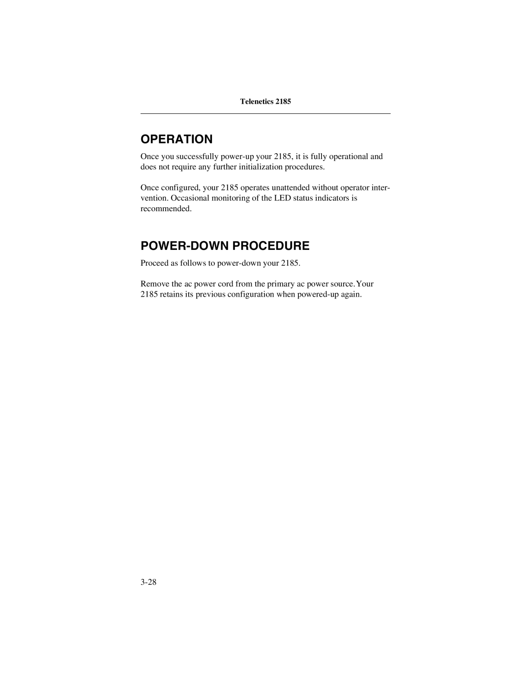 Telenetics 2185 manual Operation, POWER-DOWN Procedure 