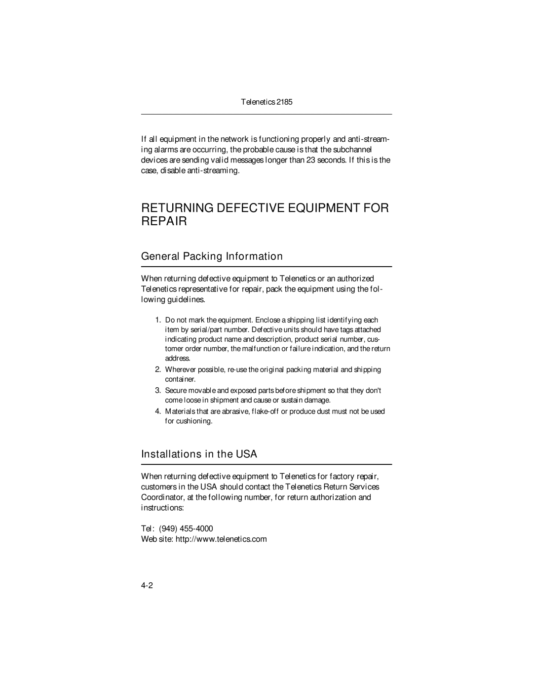 Telenetics 2185 manual Returning Defective Equipment for Repair, General Packing Information, Installations in the USA 