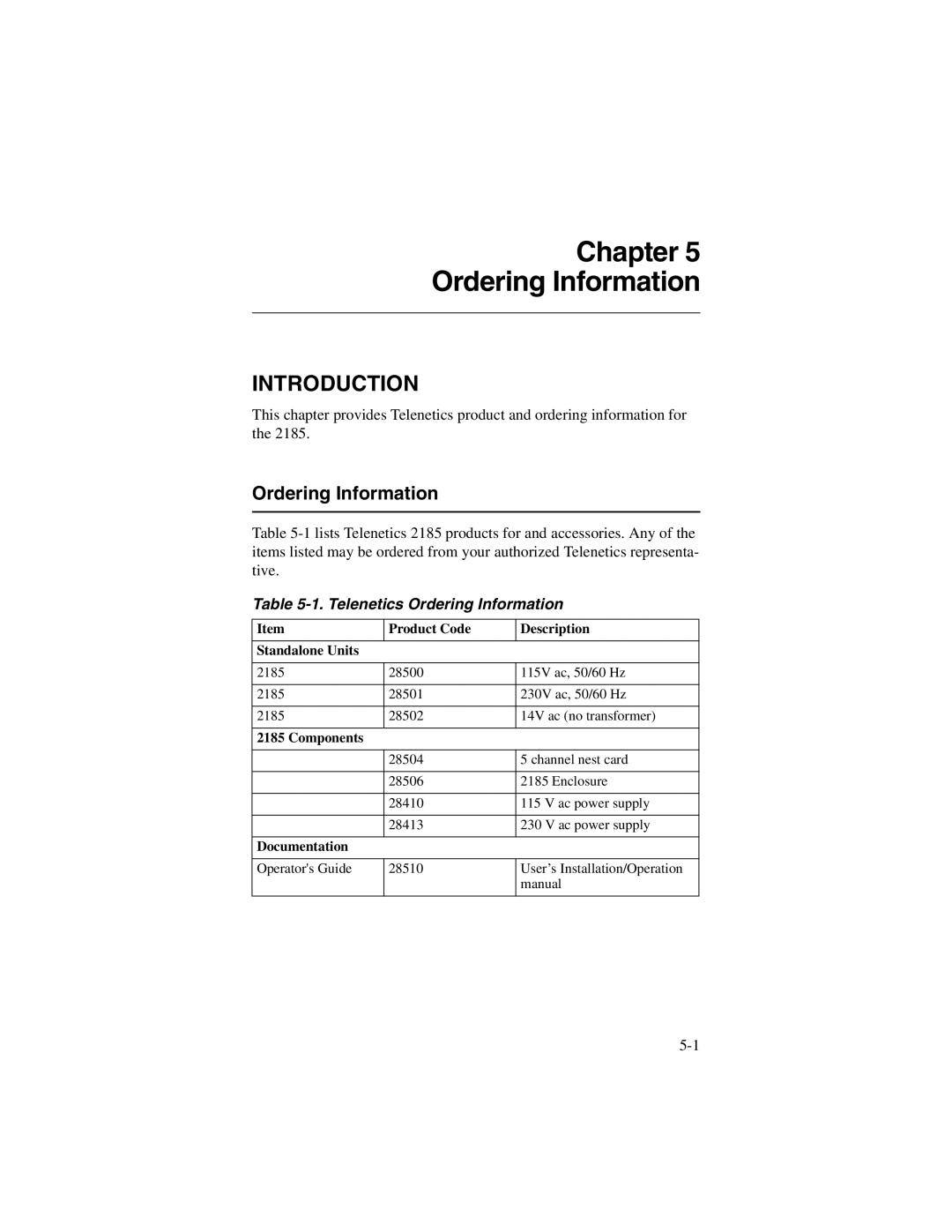 Telenetics 2185 manual Telenetics Ordering Information 