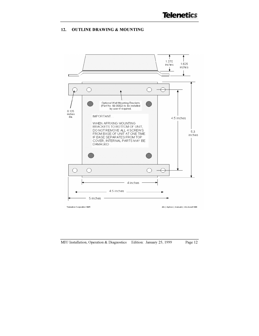 Telenetics 9.6, 2.4, 28.8, 14.4 manual Outline Drawing & Mounting 